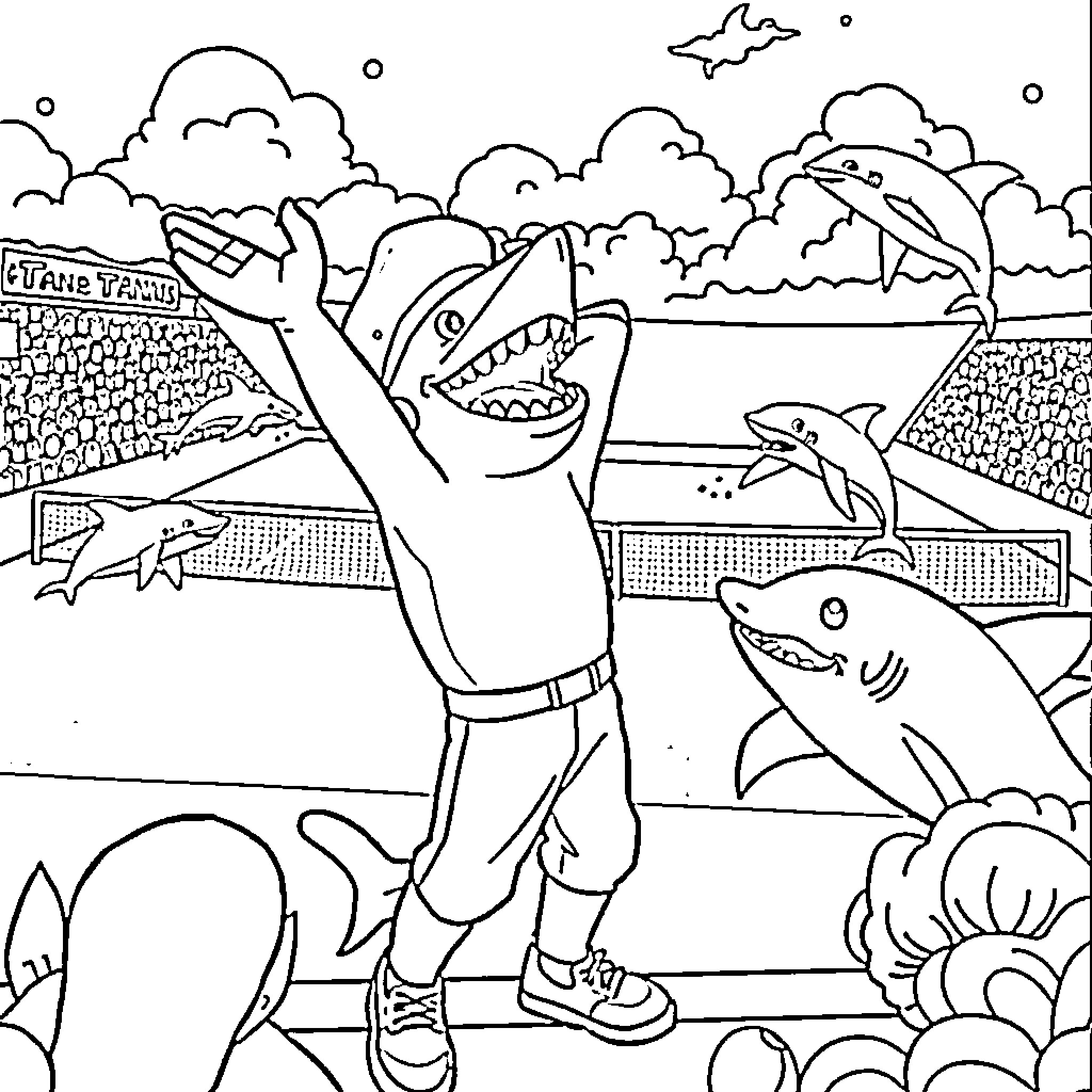 Cracker Celebrates with Sharks in the Park Coloring Page (free black-and-white line drawing printable PDF for all, from beginners to advanced learners, including children, teens, adults, and seniors)