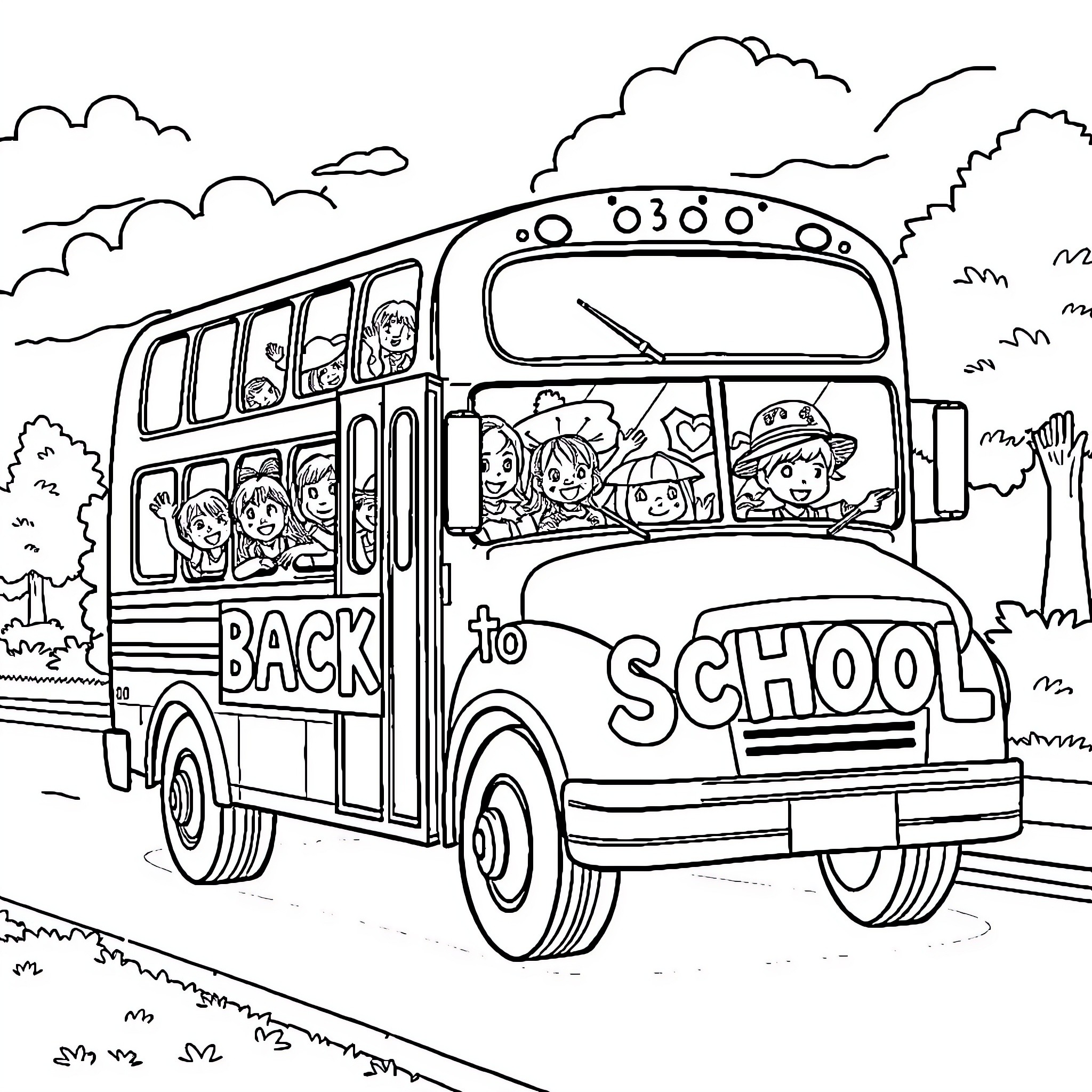 School Bus Filled with Excited Students Going to School Coloring Page (free black-and-white line drawing printable PDF for all, from beginners to advanced learners, including children, teens, adults, and seniors)