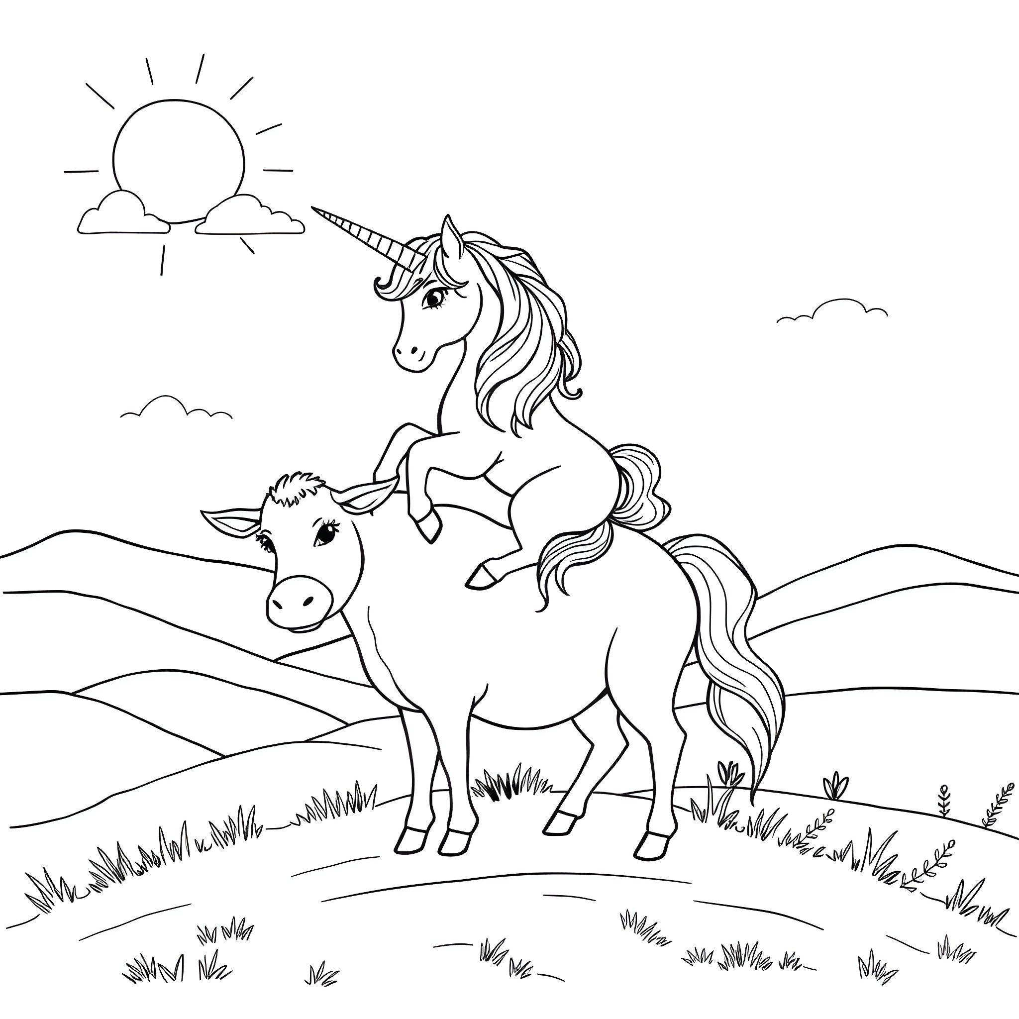 Unicorn family enjoying the scenic landscape Coloring Page (free black-and-white line drawing printable PDF for all, from beginners to advanced learners, including children, teens, adults, and seniors)