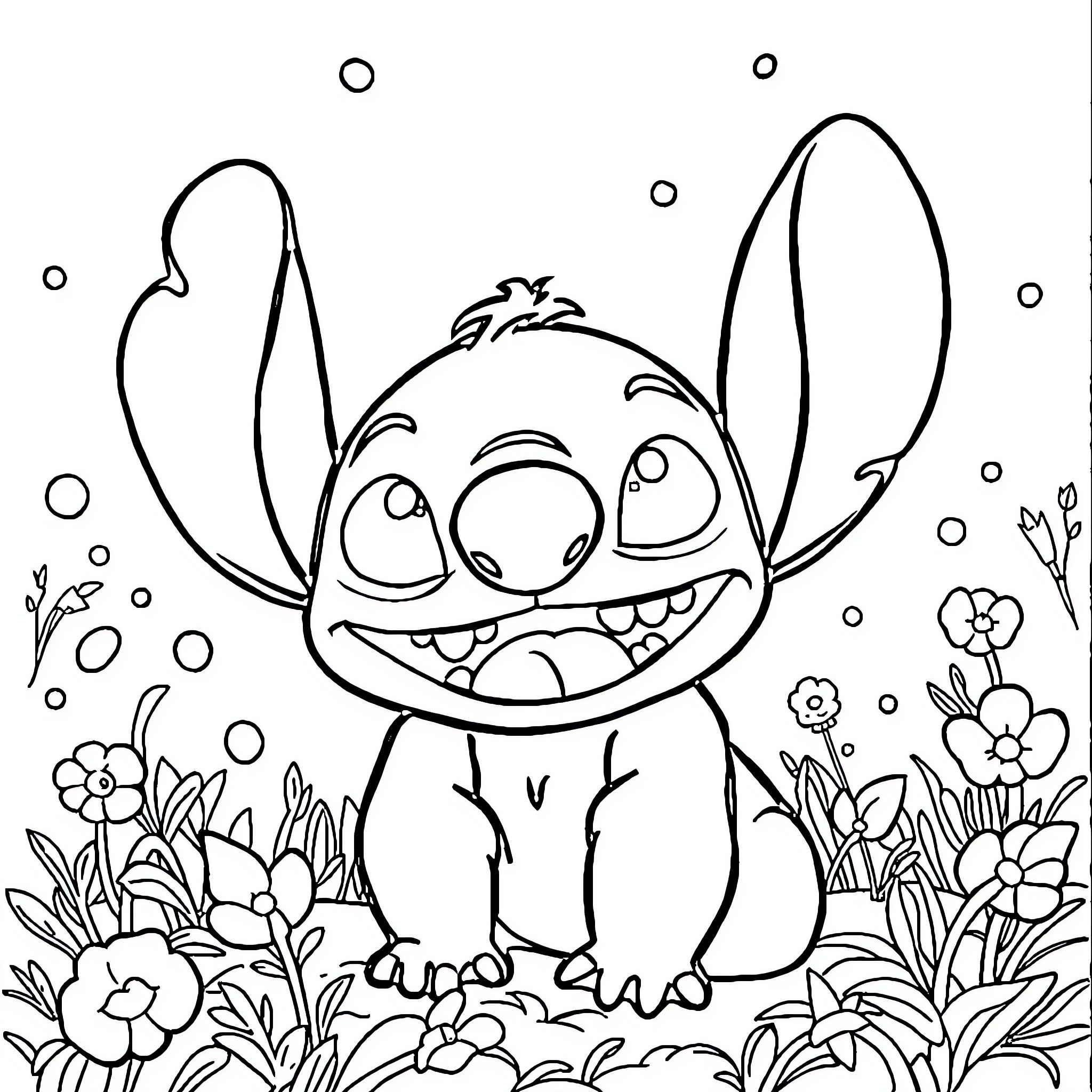 Labubu's cheerful adventure in the garden Coloring Page (free black-and-white line drawing printable PDF for all, from beginners to advanced learners, including children, teens, adults, and seniors)