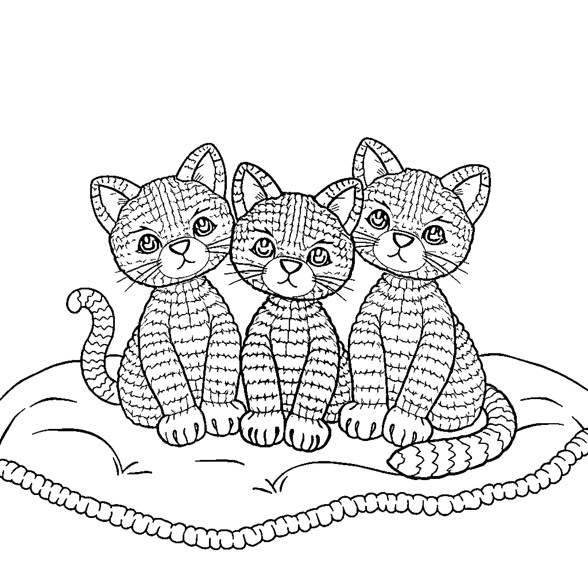 Cat Trio in Ornate Sketch Coloring Page (free black-and-white line drawing printable PDF for all, from beginners to advanced learners, including children, teens, adults, and seniors)