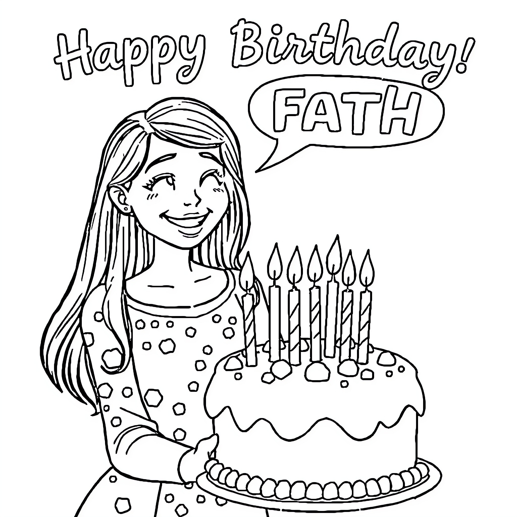 Ms Rachel's Happy Birthday with Birthday Cake and Candles Coloring Page (free black-and-white line drawing printable PDF for all, from beginners to advanced learners, including children, teens, adults, and seniors)