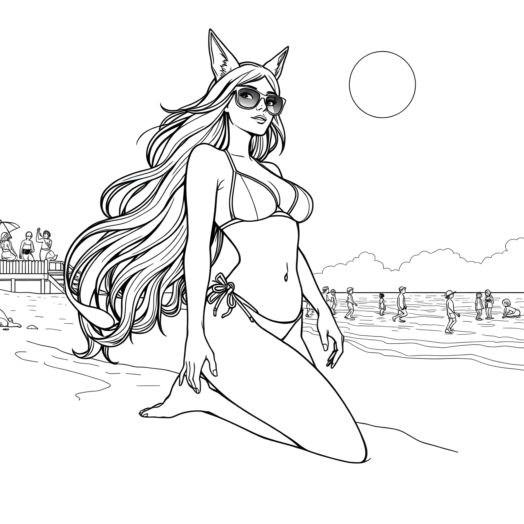 Sssniperwolf's Beach Adventure Coloring Page (free black-and-white line drawing printable PDF for all, from beginners to advanced learners, including children, teens, adults, and seniors)