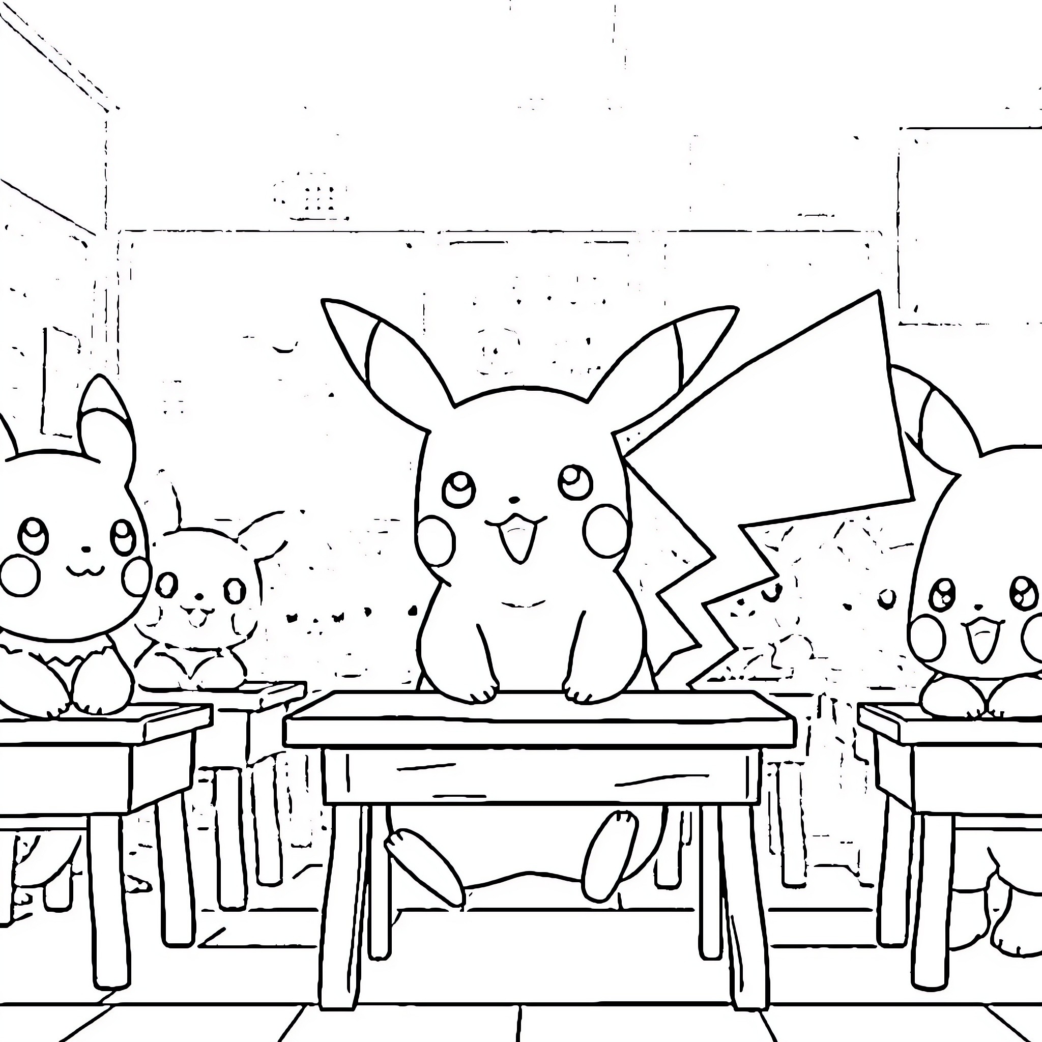Pikachu and friends playing together in the classroom Coloring Page (free black-and-white line drawing printable PDF for all, from beginners to advanced learners, including children, teens, adults, and seniors)