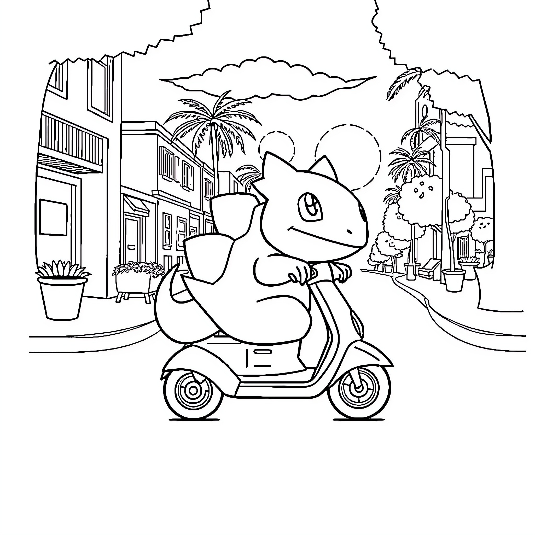 Bulbasaur riding scooter through tropical town Coloring Page (free black-and-white line drawing printable PDF for all, from beginners to advanced learners, including children, teens, adults, and seniors)