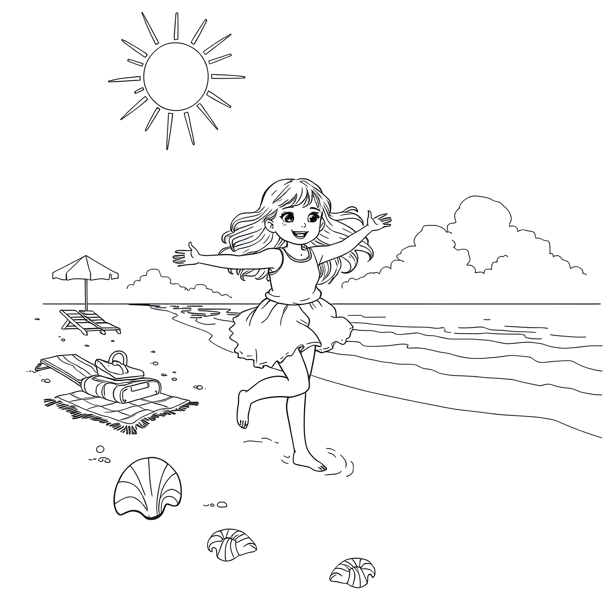 Girl playing joyfully at the beach Coloring Page (free black-and-white line drawing printable PDF for all, from beginners to advanced learners, including children, teens, adults, and seniors)