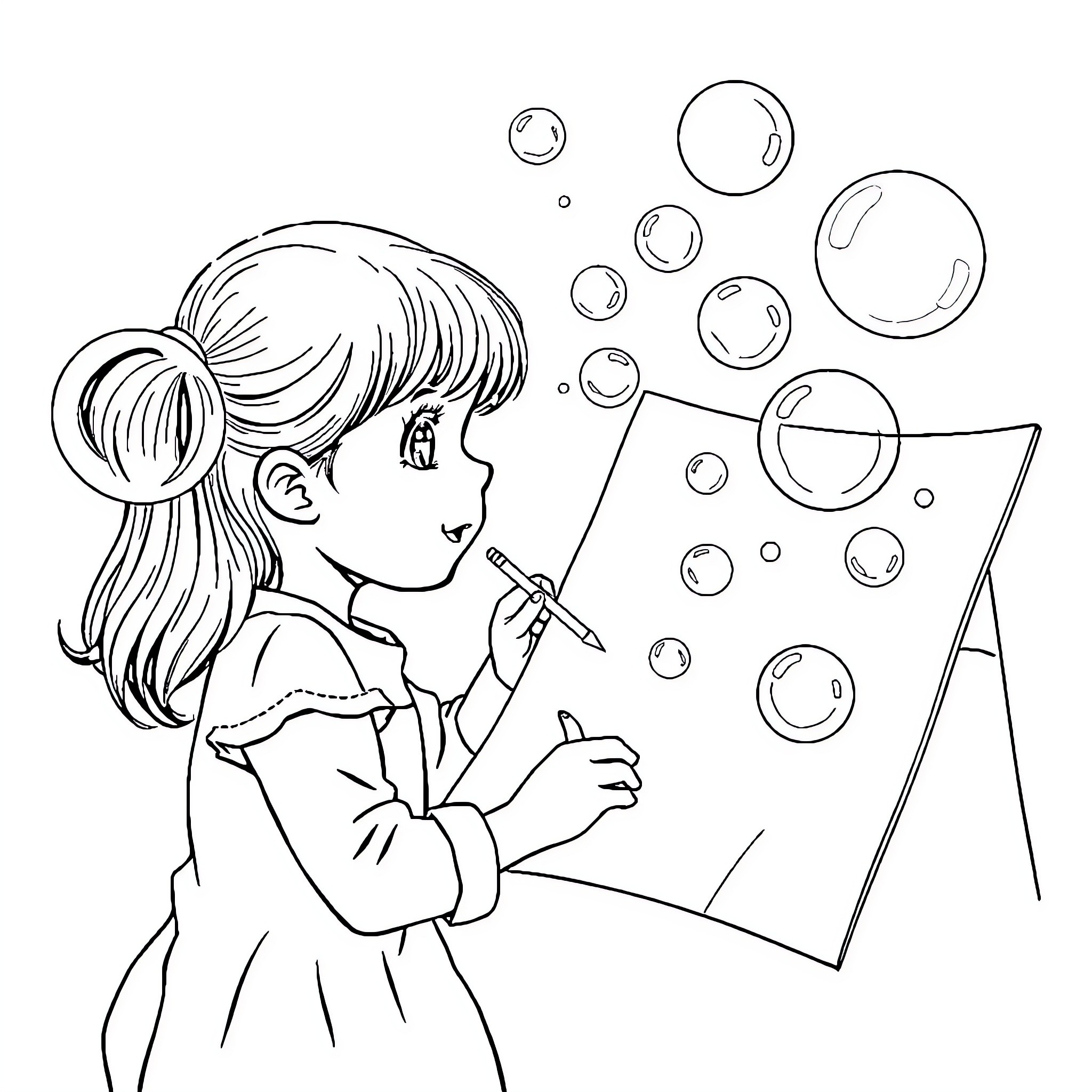 Girl blowing bubbles and admiring her artwork Coloring Page (free black-and-white line drawing printable PDF for all, from beginners to advanced learners, including children, teens, adults, and seniors)