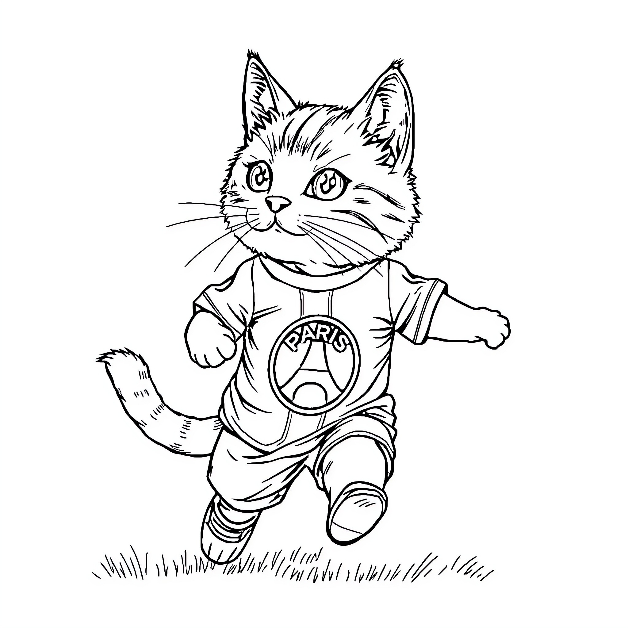 Chat with playful cat in outfit Coloring Page (free black-and-white line drawing printable PDF for all, from beginners to advanced learners, including children, teens, adults, and seniors)