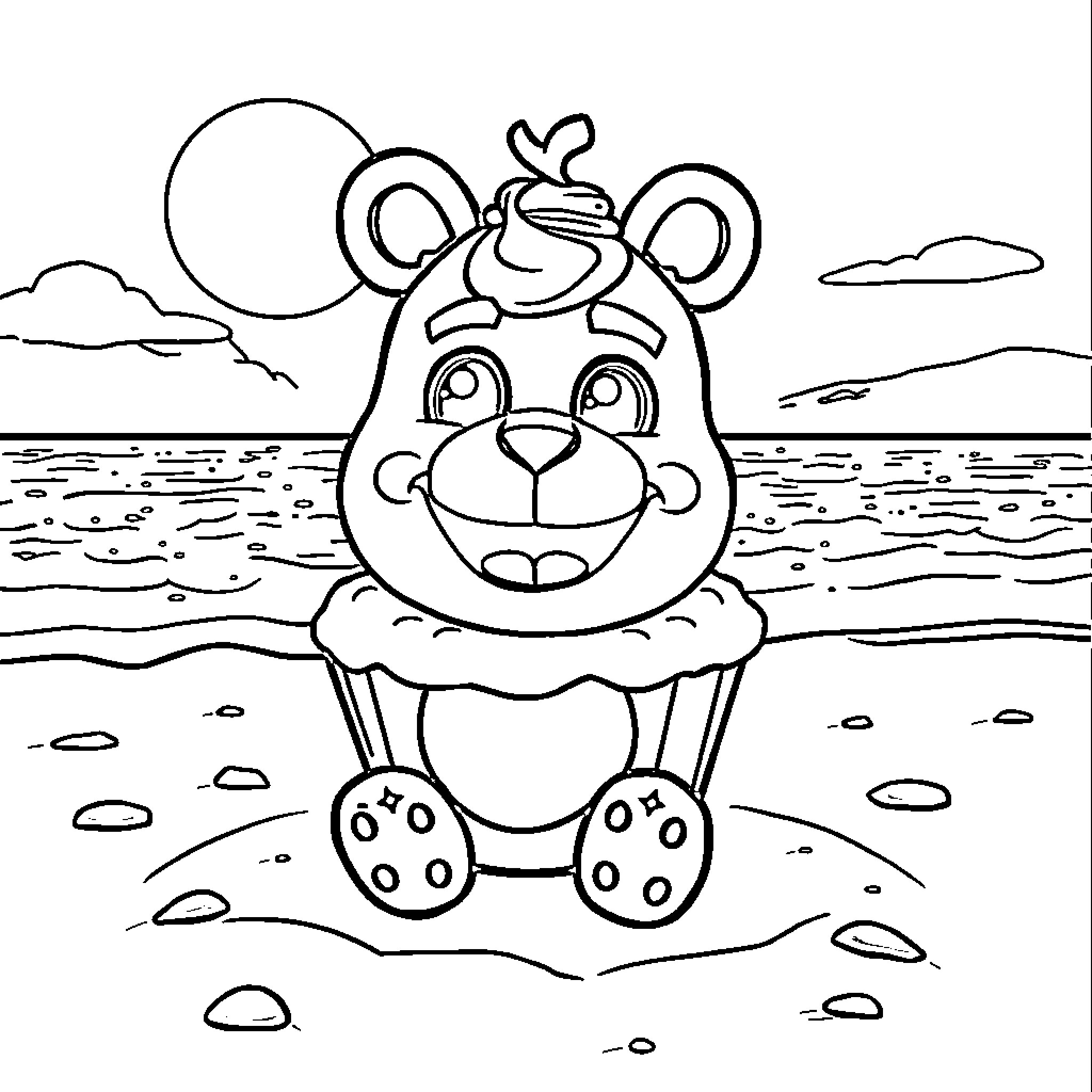 Cupcake Critter Relaxing by the Beach Coloring Page (free black-and-white line drawing printable PDF for all, from beginners to advanced learners, including children, teens, adults, and seniors)