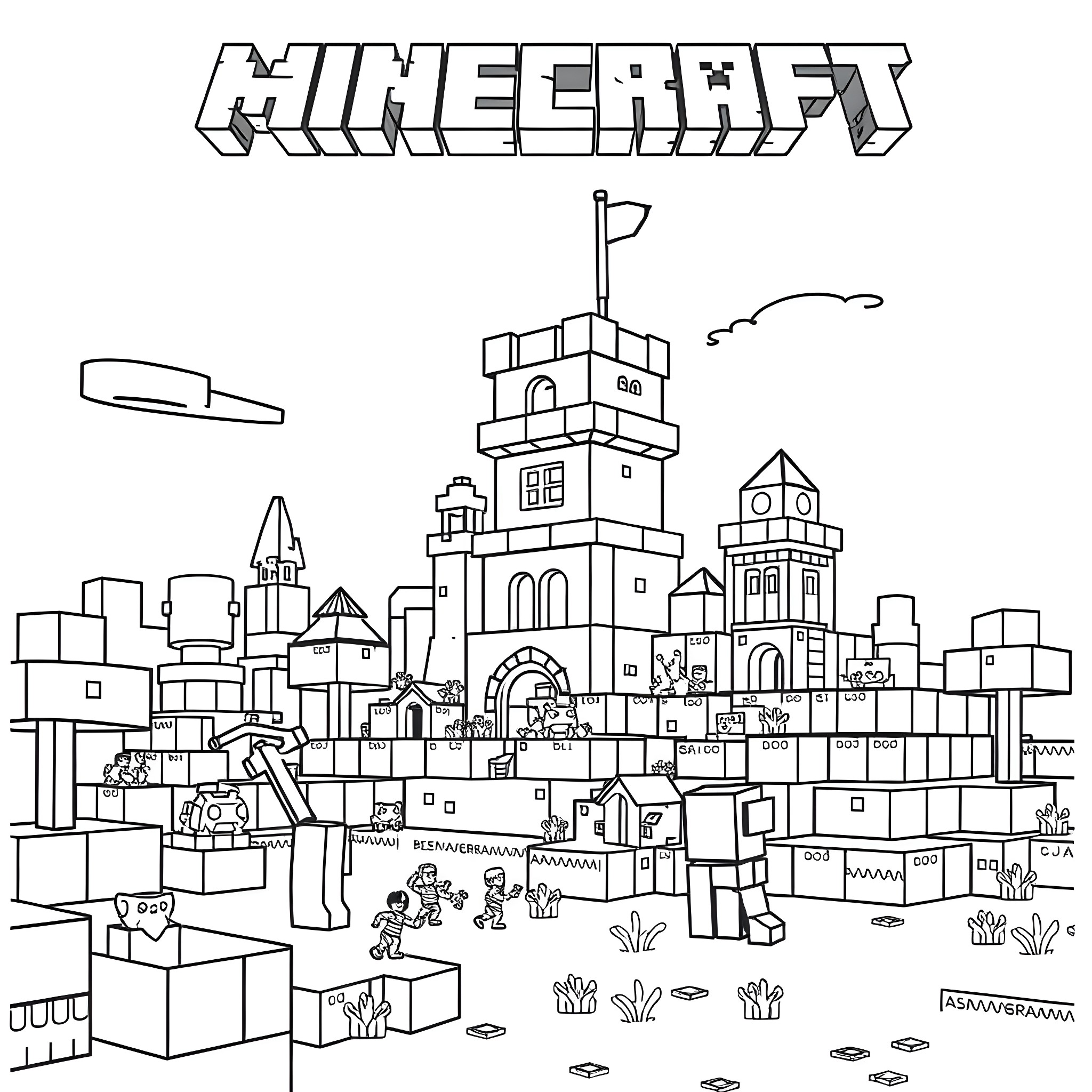 Minecraft Characters Exploring a Blocky Landscape Coloring Page (free black-and-white line drawing printable PDF for all, from beginners to advanced learners, including children, teens, adults, and seniors)