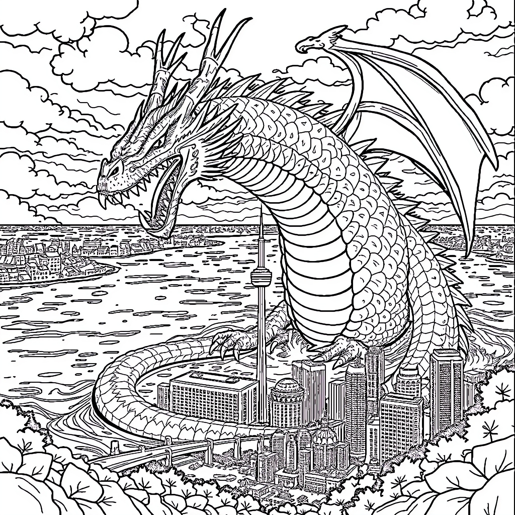 Dragon surveying majestic cityscape from cloudy skies Coloring Page (free black-and-white line drawing printable PDF for all, from beginners to advanced learners, including children, teens, adults, and seniors)