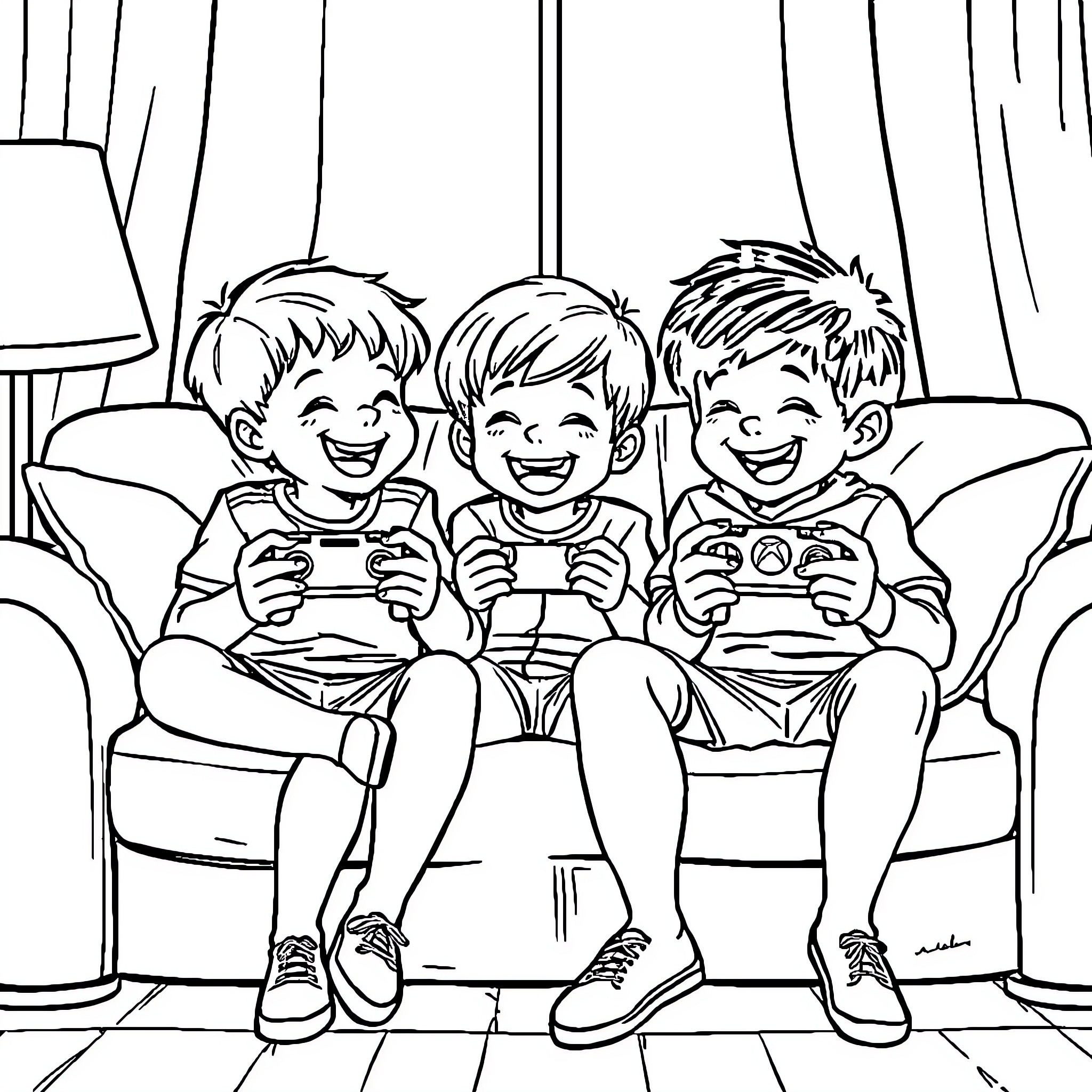 Children playing video games together Coloring Page (free black-and-white line drawing printable PDF for all, from beginners to advanced learners, including children, teens, adults, and seniors)