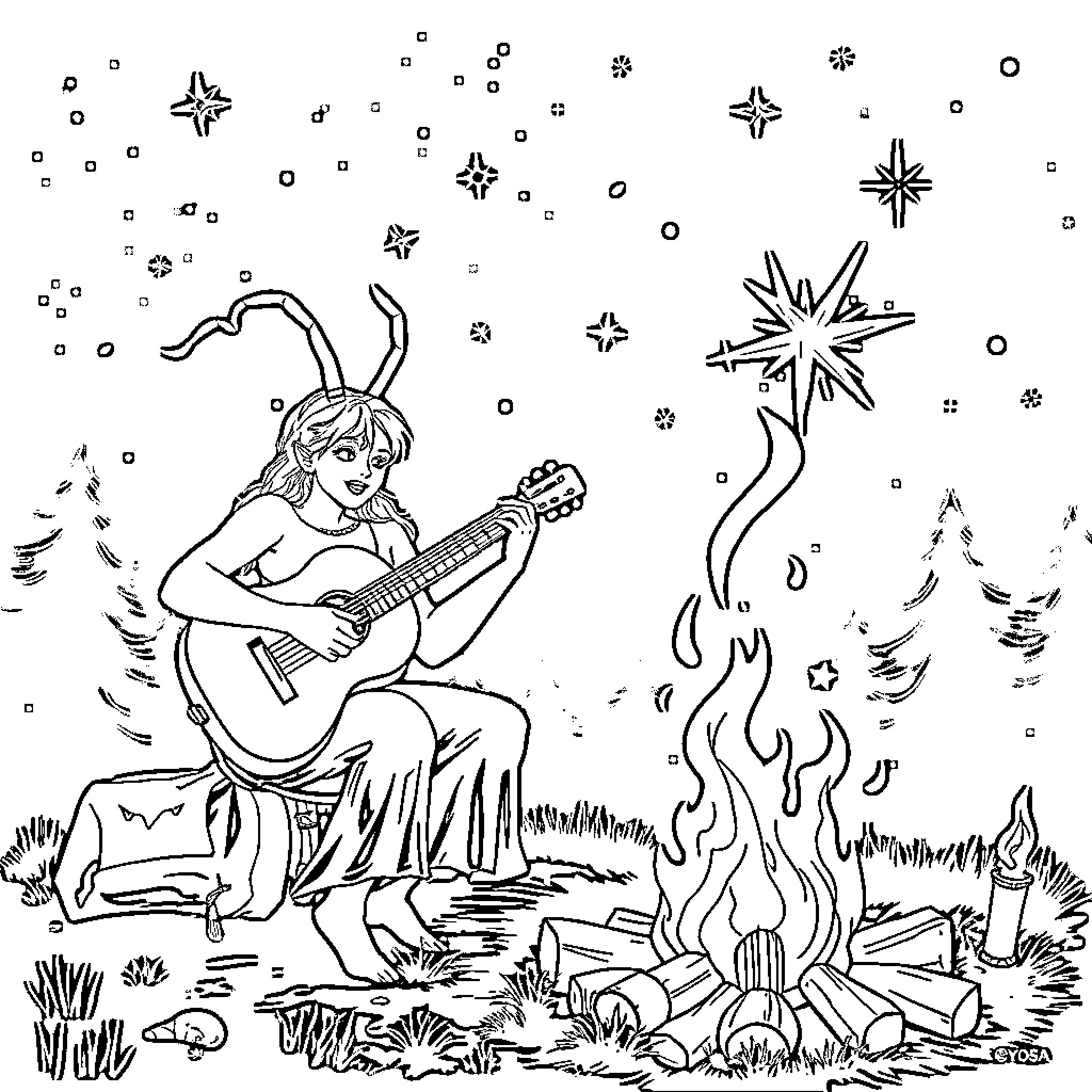 Evoli playing music by the campfire under the night sky Coloring Page (free black-and-white line drawing printable PDF for all, from beginners to advanced learners, including children, teens, adults, and seniors)