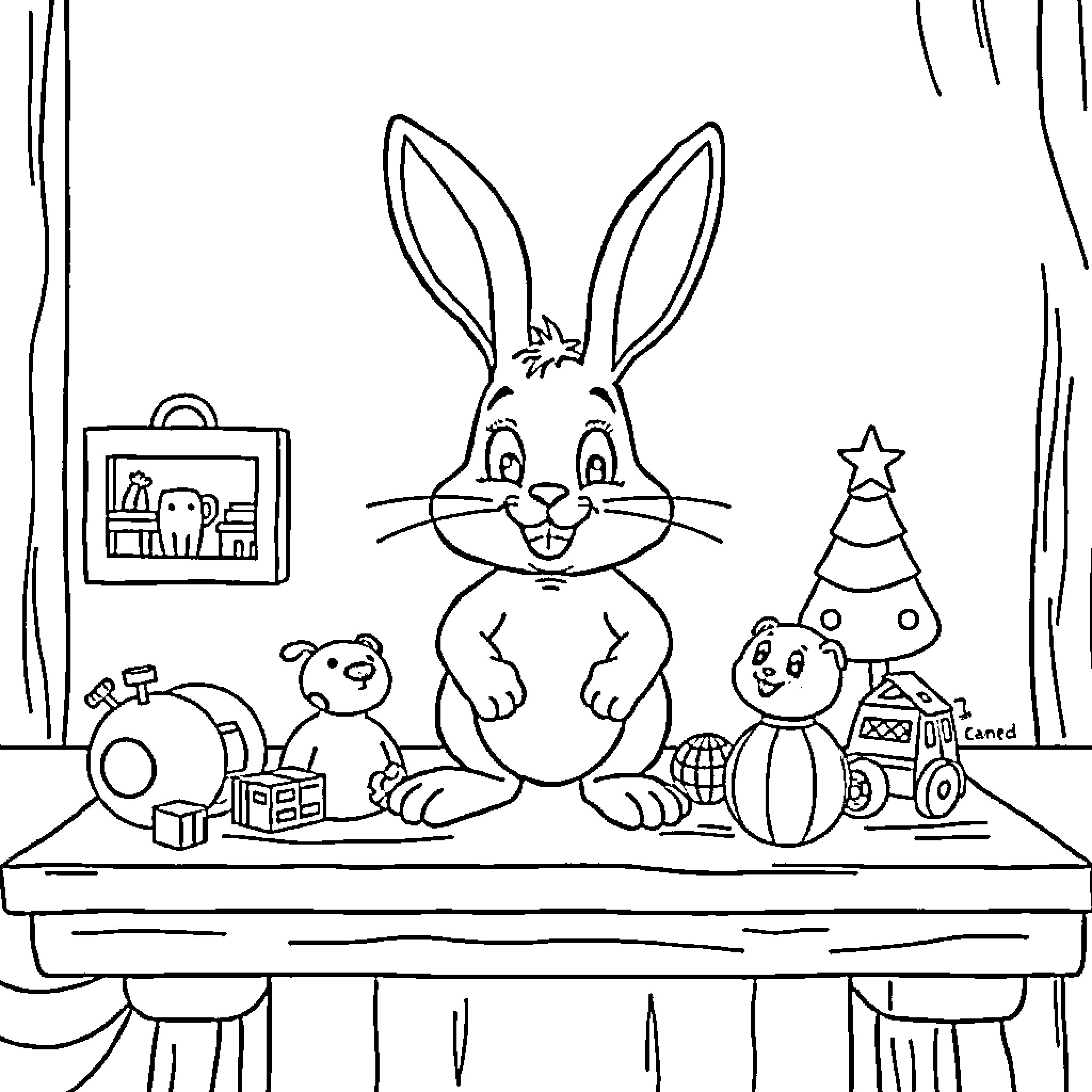 Bing Bunny playing with toys in room Coloring Page (free black-and-white line drawing printable PDF for all, from beginners to advanced learners, including children, teens, adults, and seniors)