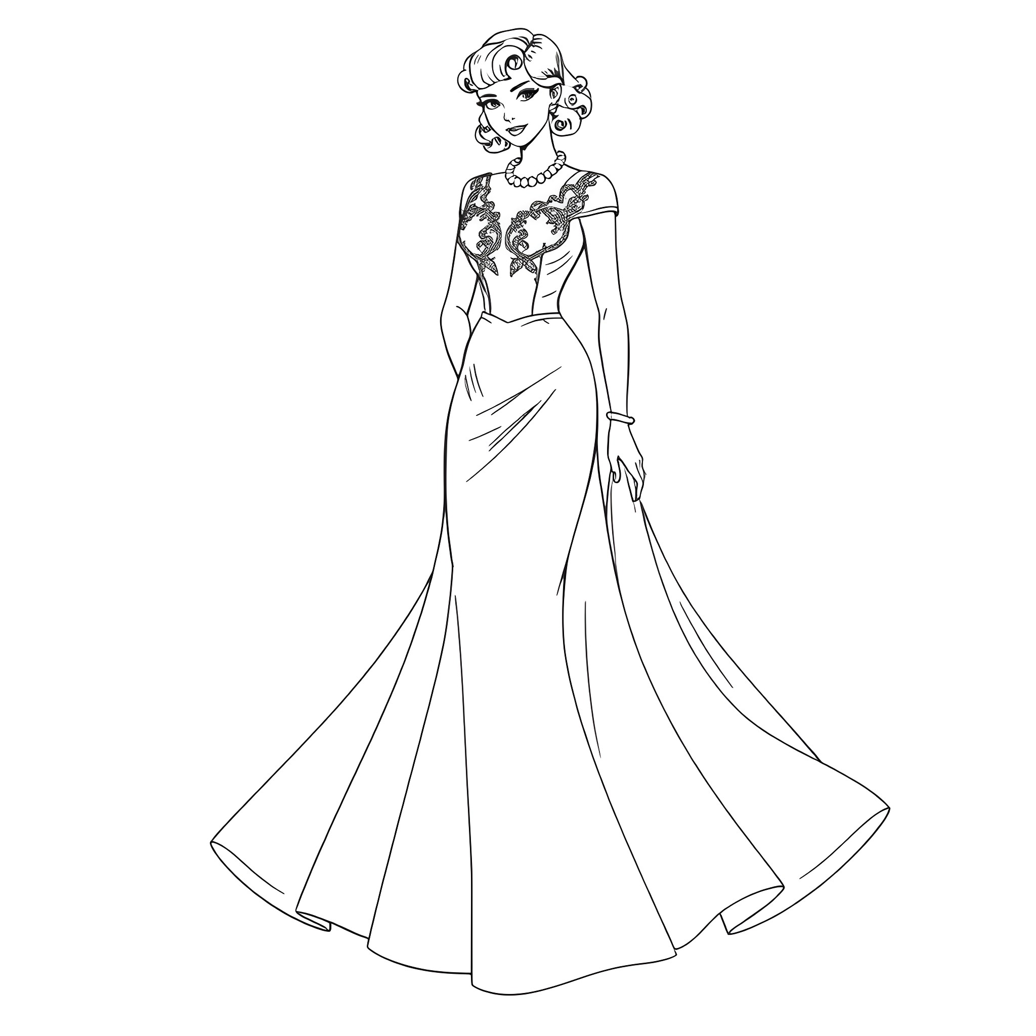 Dress of a lady in an elegant gown Coloring Page (free black-and-white line drawing printable PDF for all, from beginners to advanced learners, including children, teens, adults, and seniors)