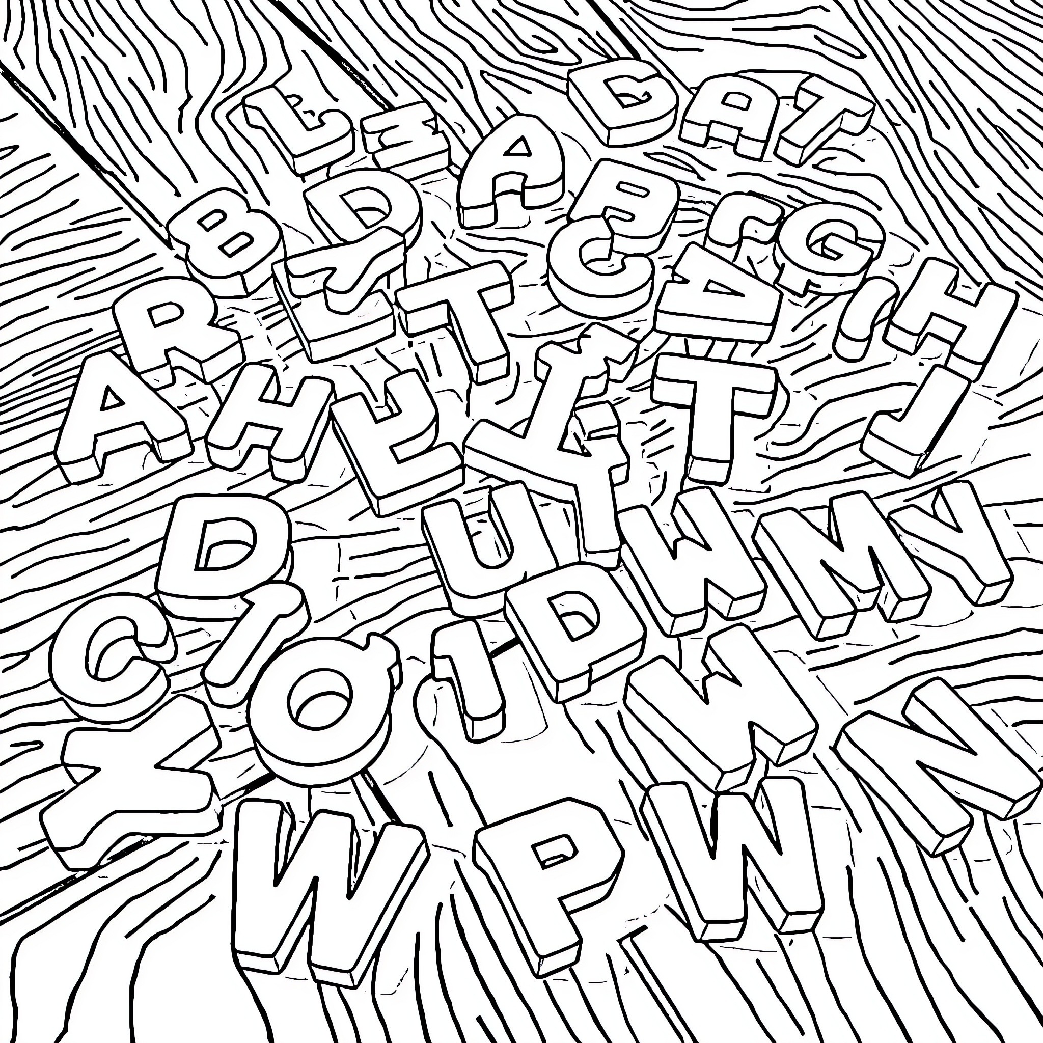 Alphabet abstract shapes and lines Coloring Page (free black-and-white line drawing printable PDF for all, from beginners to advanced learners, including children, teens, adults, and seniors)