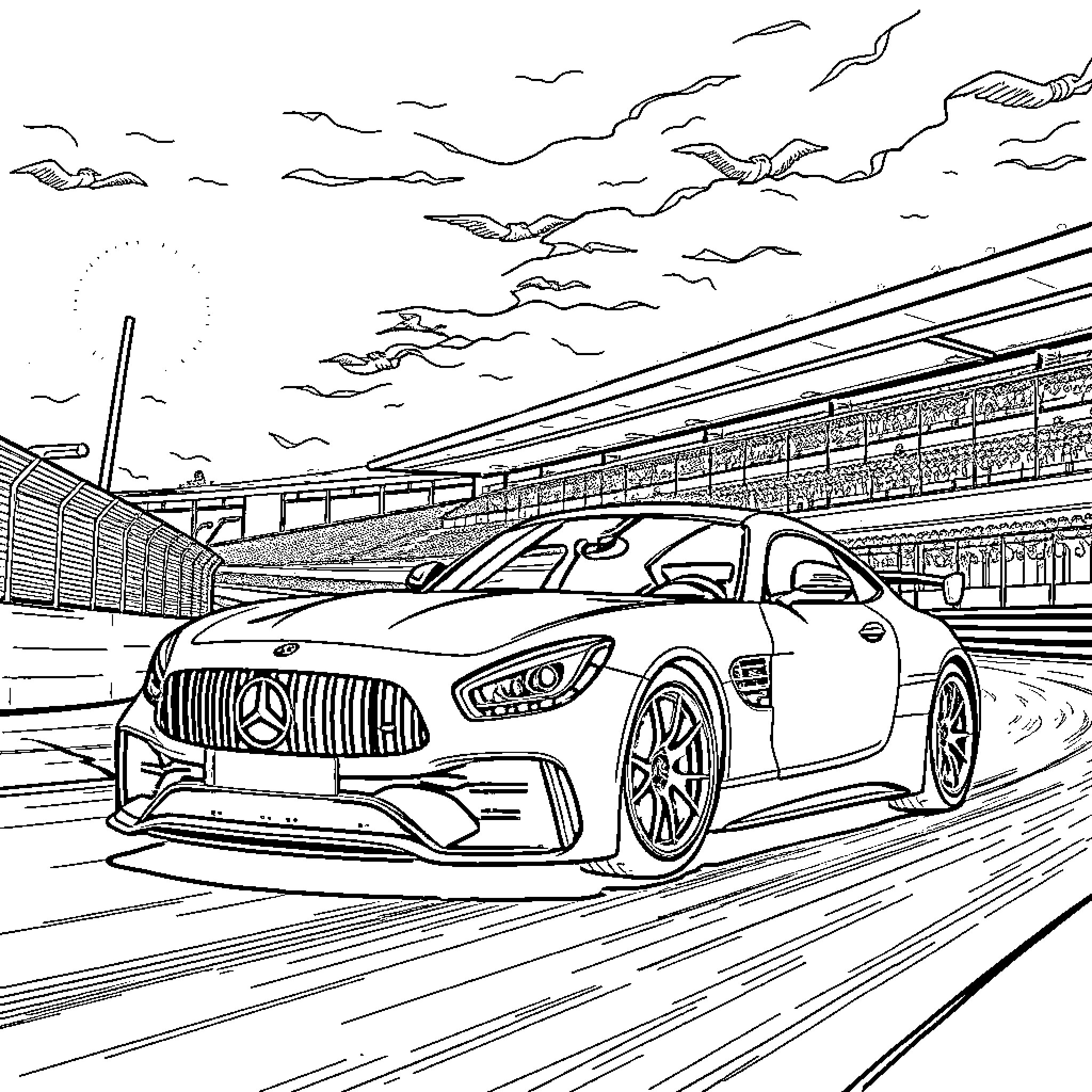 Car racing on the track in high speed Coloring Page (free black-and-white line drawing printable PDF for all, from beginners to advanced learners, including children, teens, adults, and seniors)