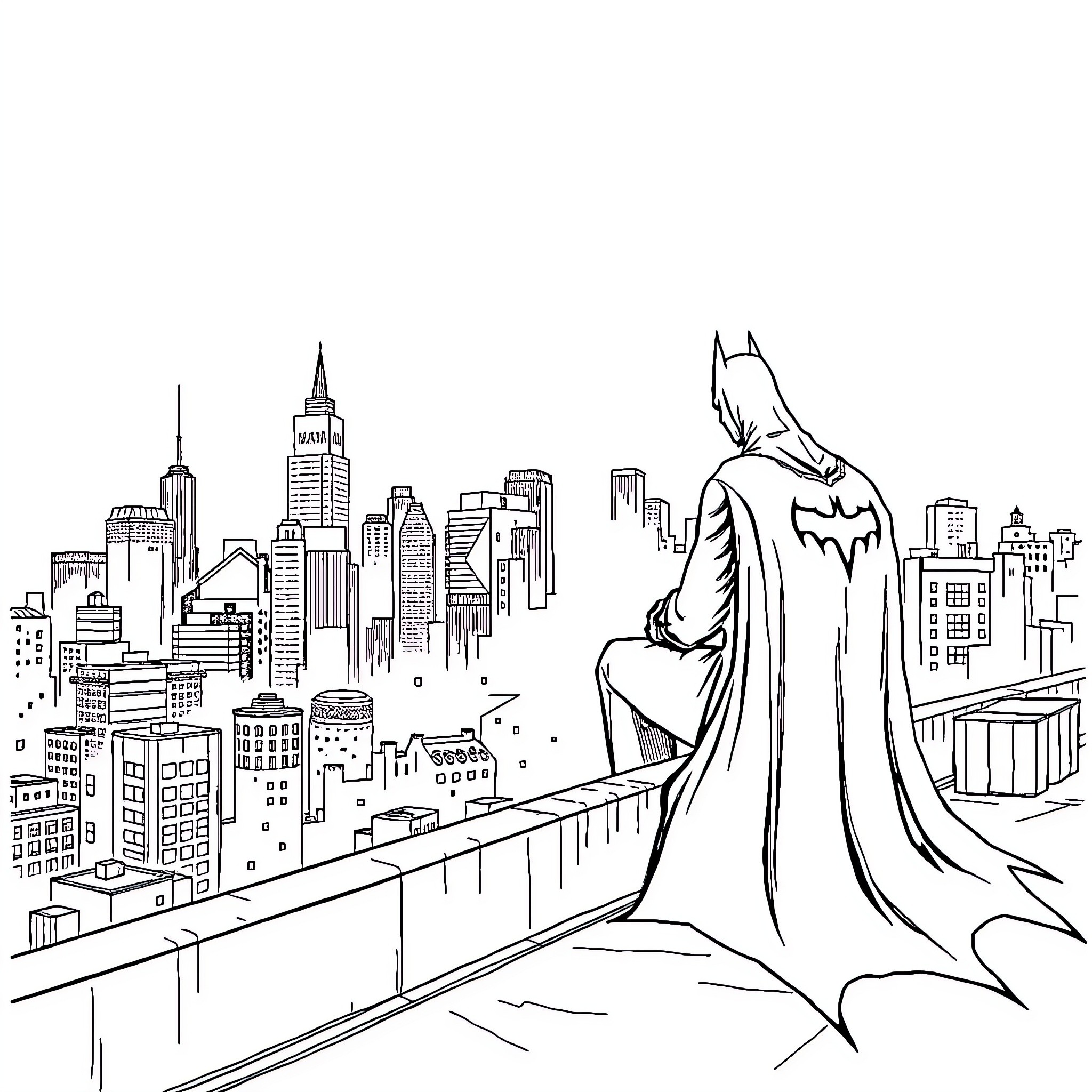 Batman overlooking the city skyline Coloring Page (free black-and-white line drawing printable PDF for all, from beginners to advanced learners, including children, teens, adults, and seniors)