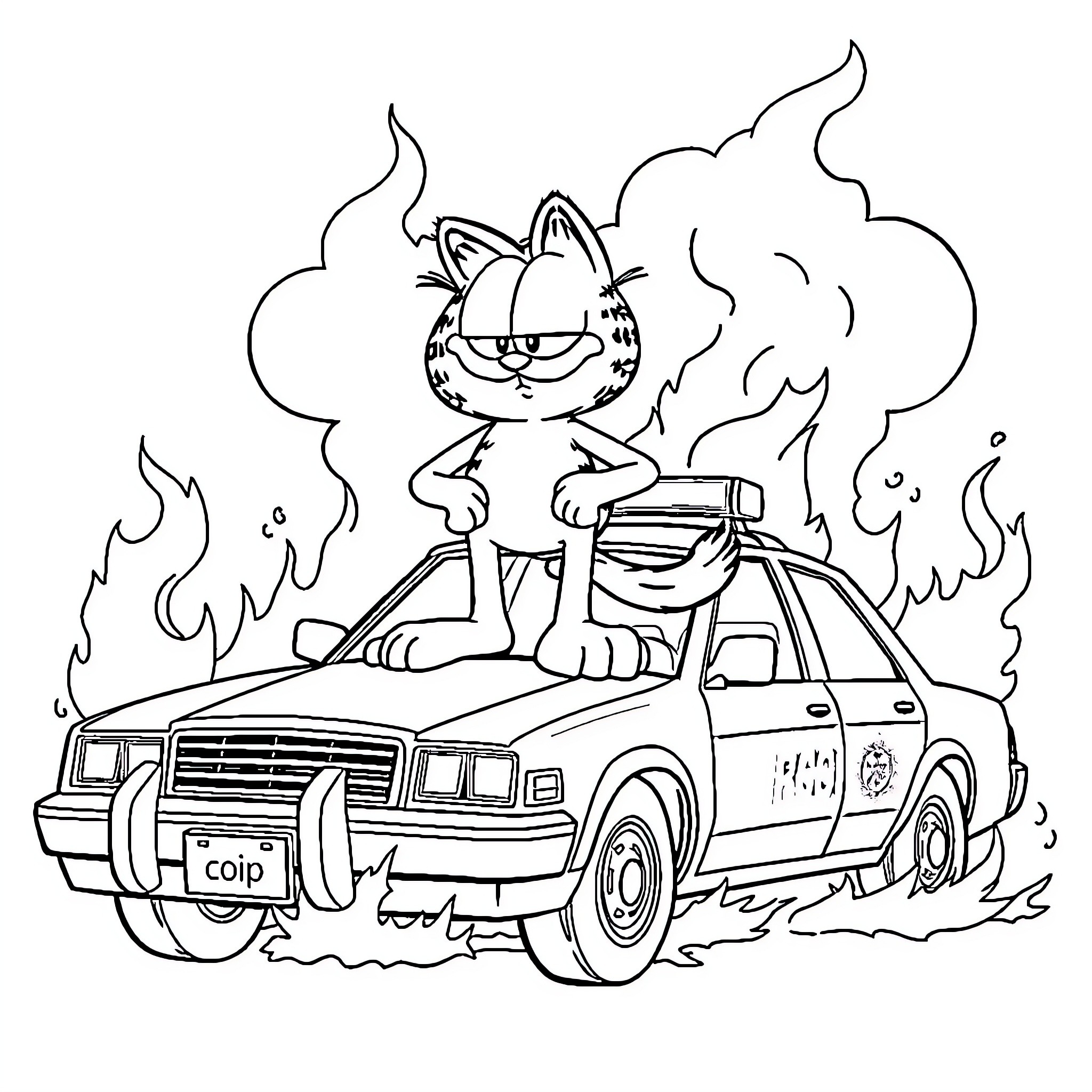 Garfield wreaking havoc in a police car Coloring Page (free black-and-white line drawing printable PDF for all, from beginners to advanced learners, including children, teens, adults, and seniors)