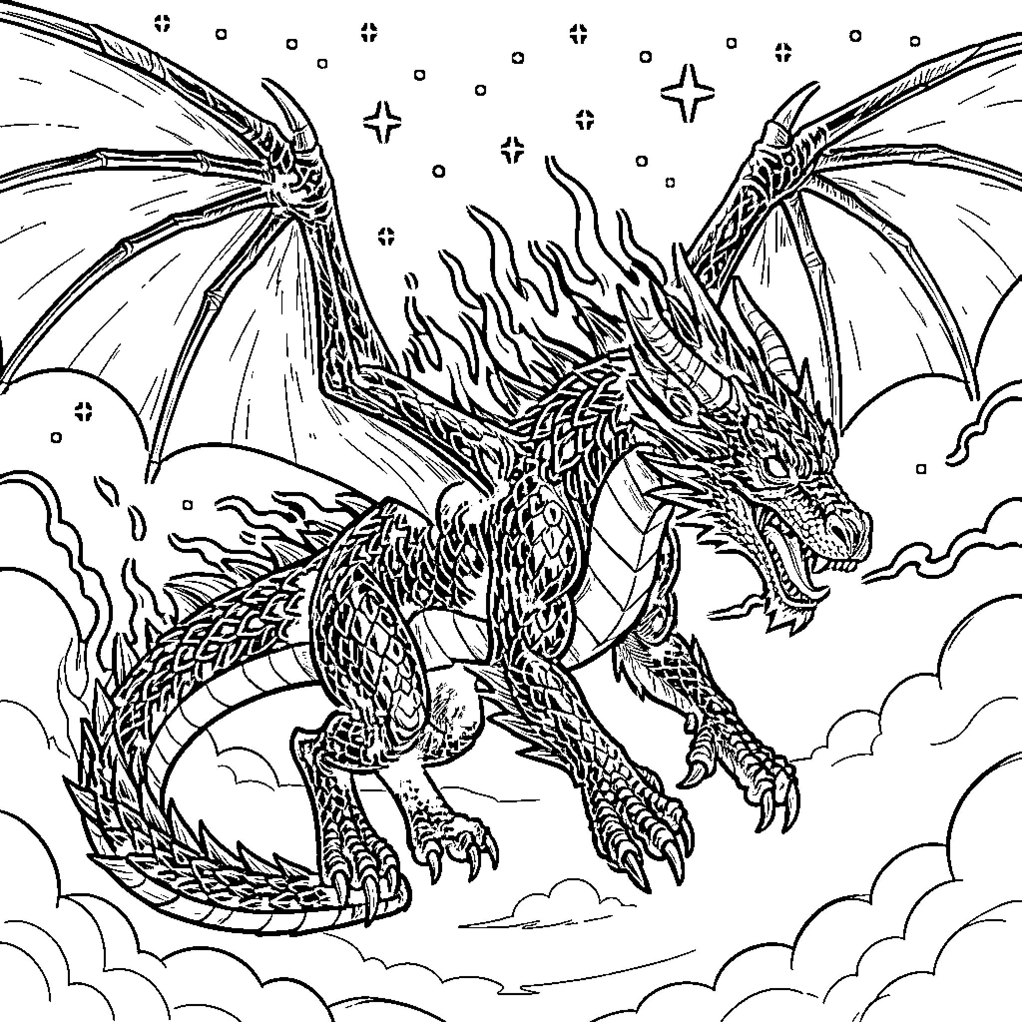 Dragon breathing fire in the night sky Coloring Page (free black-and-white line drawing printable PDF for all, from beginners to advanced learners, including children, teens, adults, and seniors)