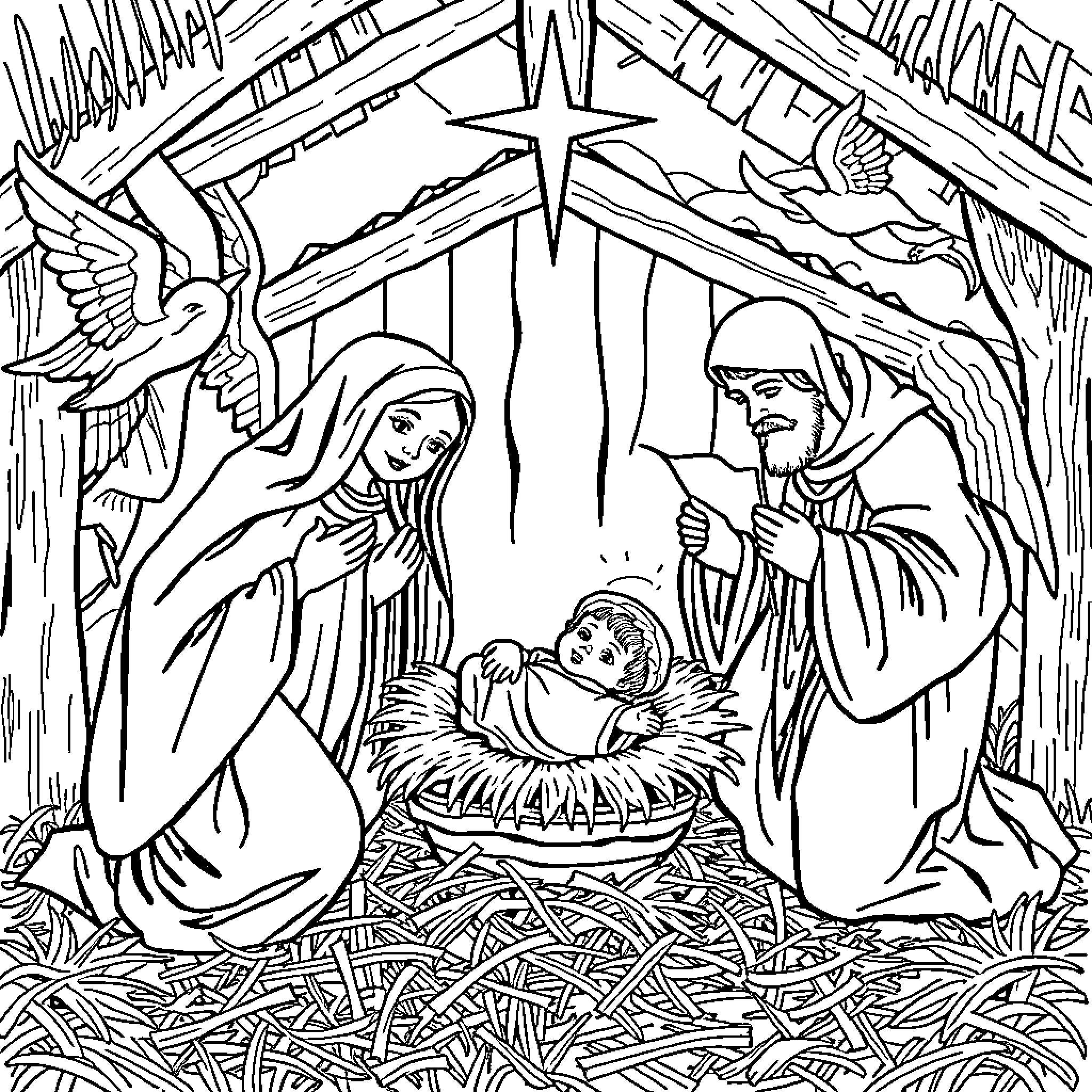 Nativity scene with holy family and angels Coloring Page (free black-and-white line drawing printable PDF for all, from beginners to advanced learners, including children, teens, adults, and seniors)
