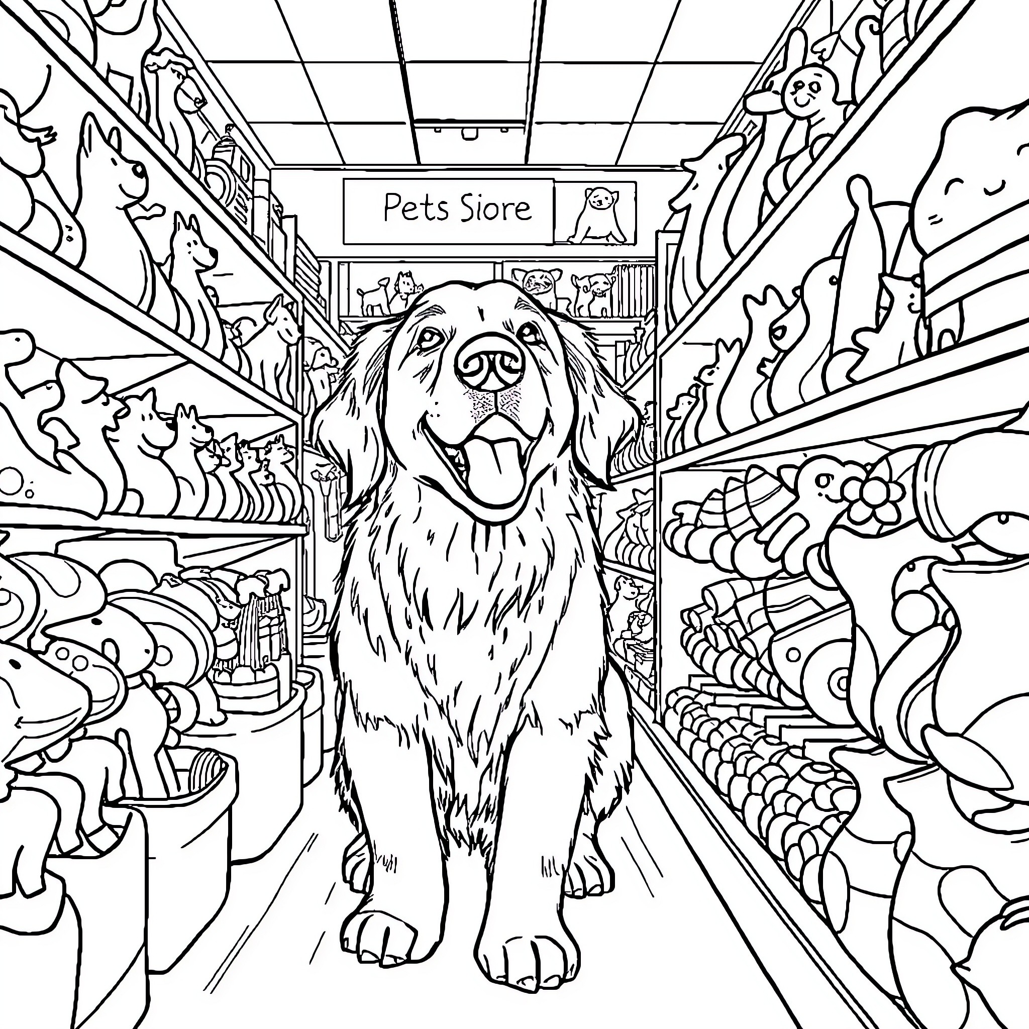 Golden Retriever exploring the pet store Coloring Page (free black-and-white line drawing printable PDF for all, from beginners to advanced learners, including children, teens, adults, and seniors)