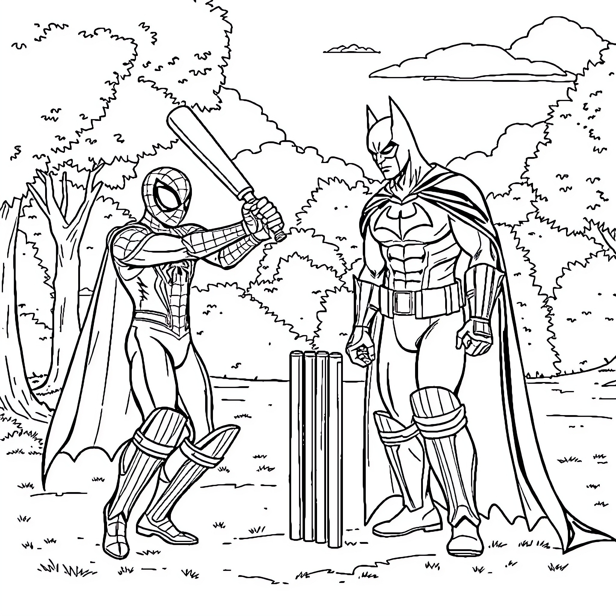 Spider-Man and Batman team up in the wilderness Coloring Page (free black-and-white line drawing printable PDF for all, from beginners to advanced learners, including children, teens, adults, and seniors)