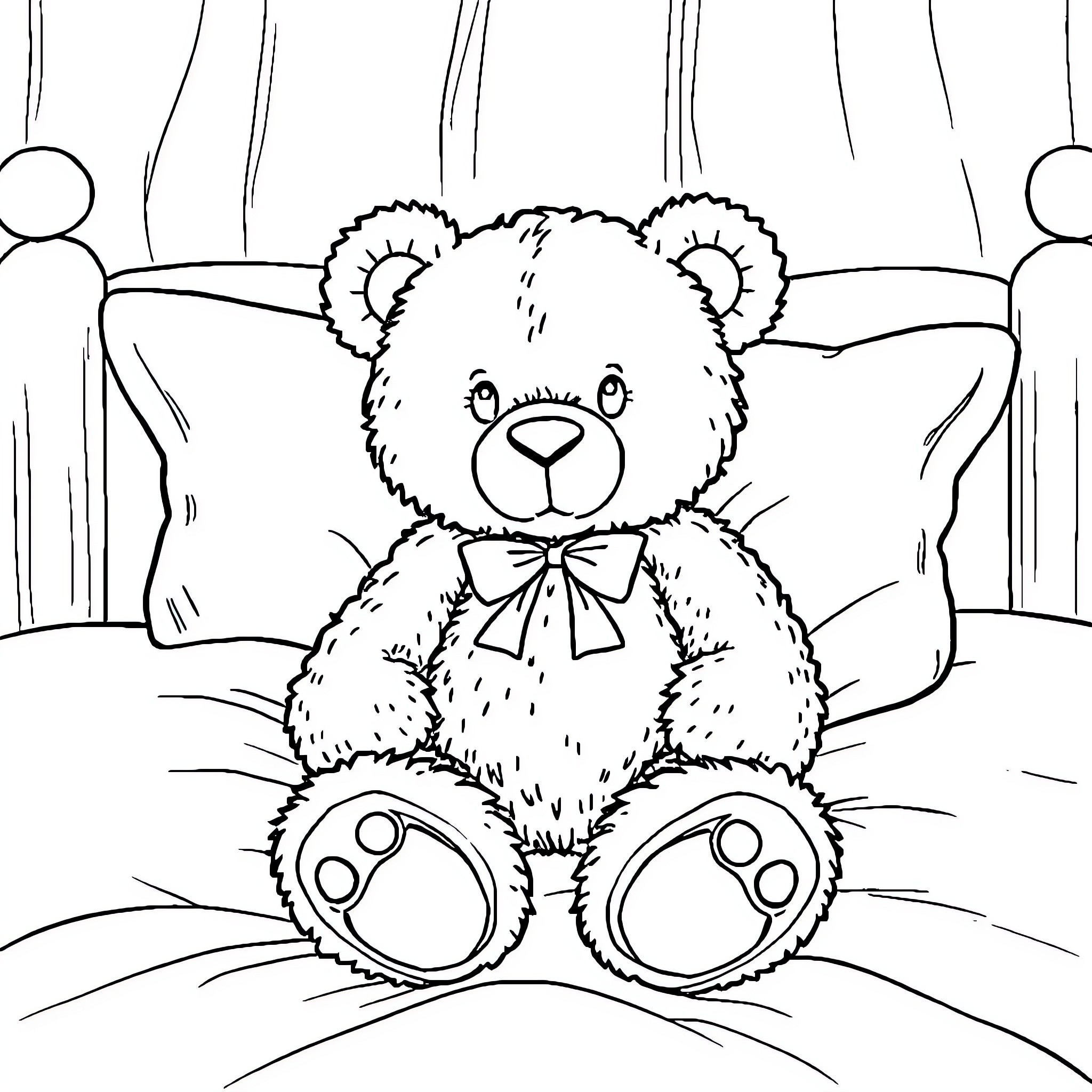 Teddy Bear Sitting Calmly on a Couch Coloring Page (free black-and-white line drawing printable PDF for all, from beginners to advanced learners, including children, teens, adults, and seniors)