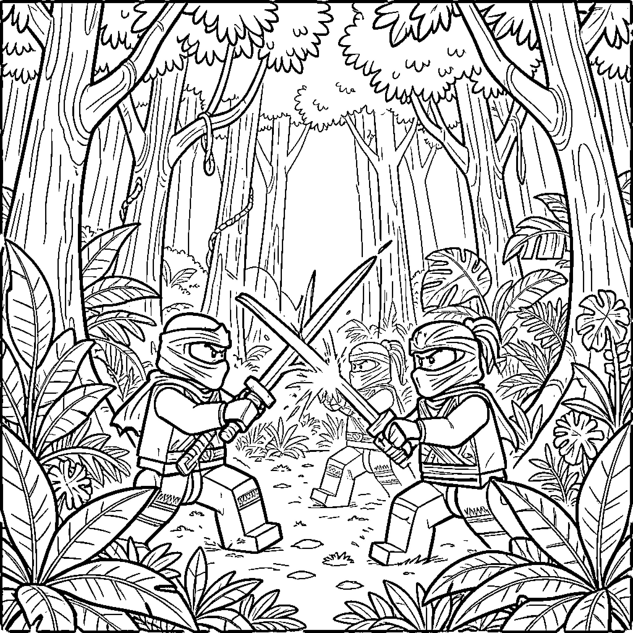 Ninjago characters engaged in a sword fight in the jungle Coloring Page (free black-and-white line drawing printable PDF for all, from beginners to advanced learners, including children, teens, adults, and seniors)
