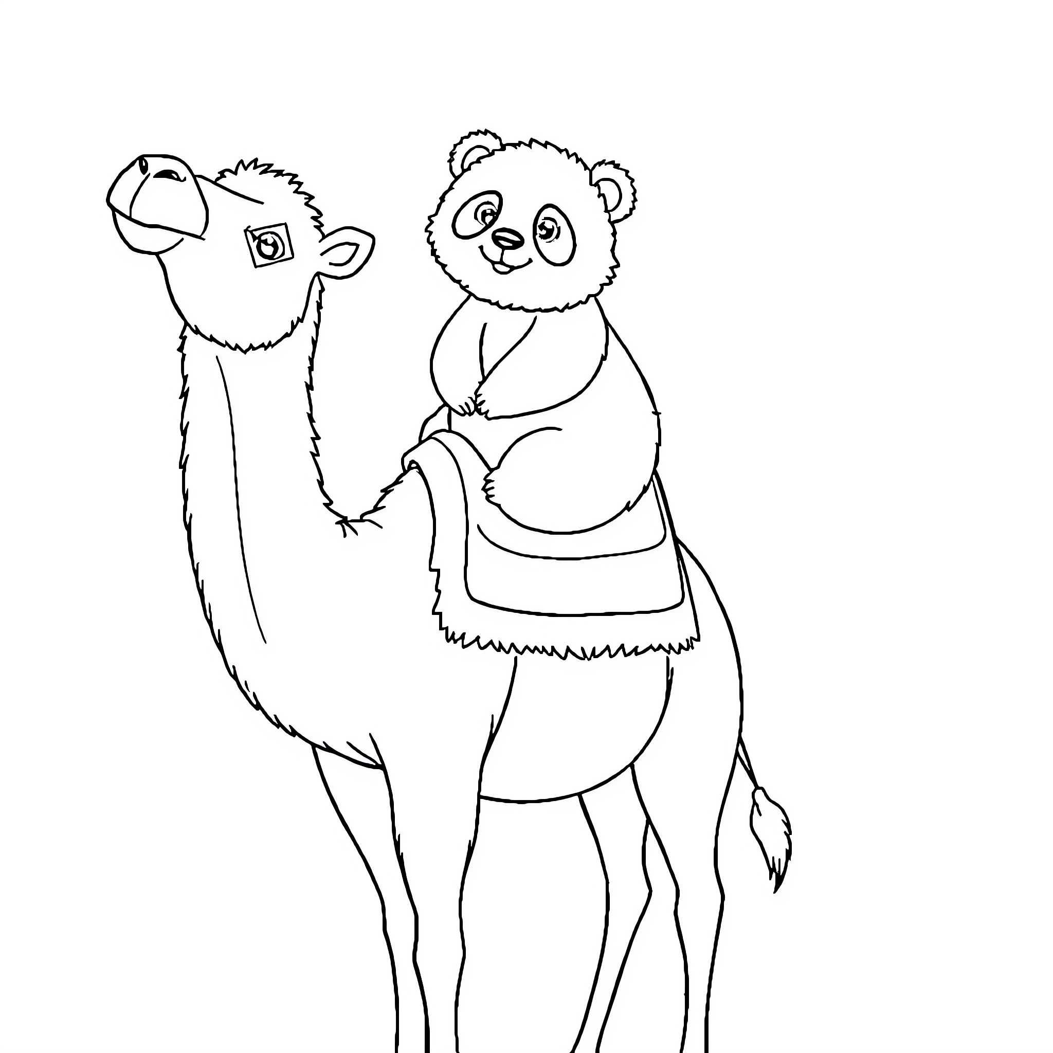 Panda riding a curious camel Coloring Page (free black-and-white line drawing printable PDF for all, from beginners to advanced learners, including children, teens, adults, and seniors)