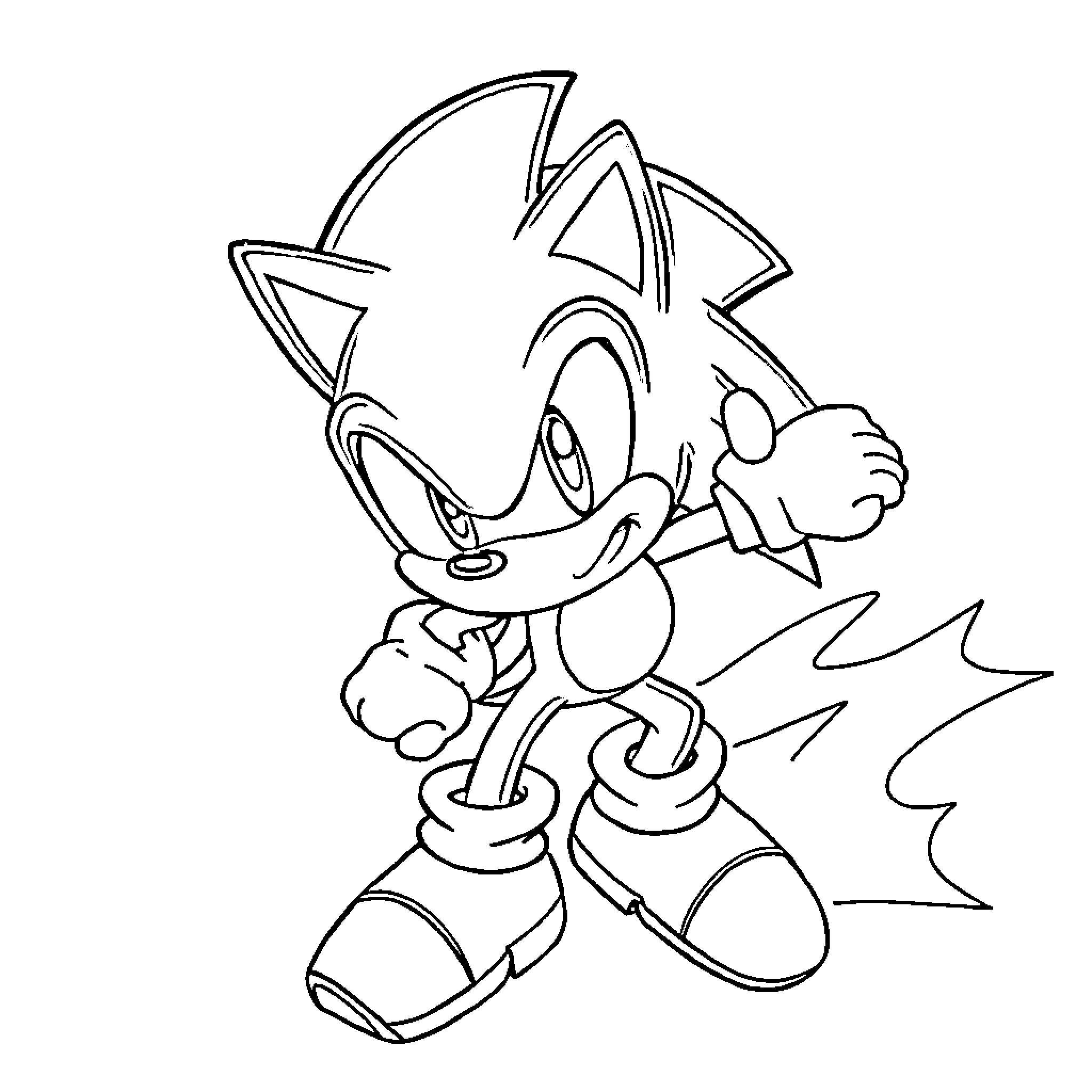 Sonic the Hedgehog running in action pose Coloring Page (free black-and-white line drawing printable PDF for all, from beginners to advanced learners, including children, teens, adults, and seniors)