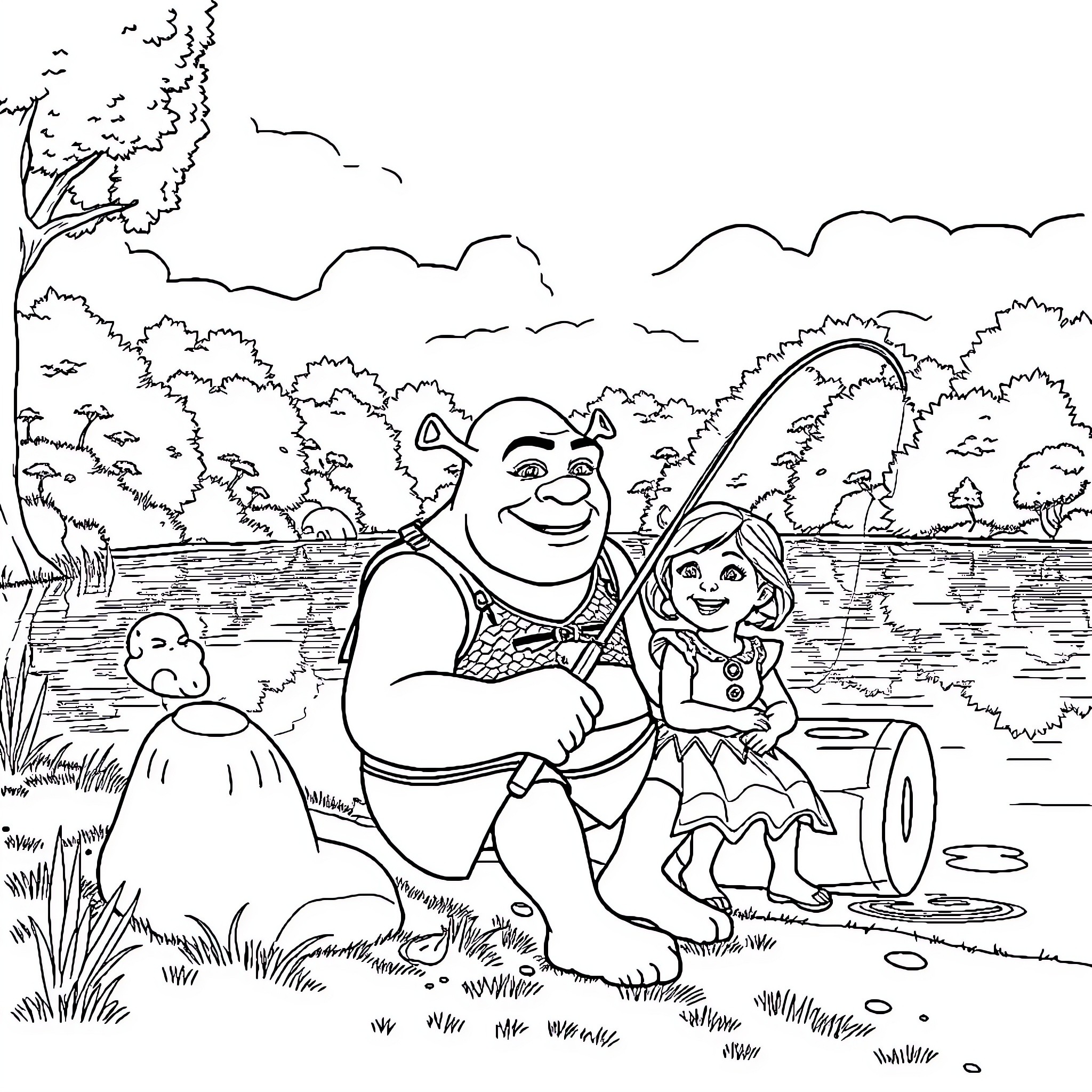 Ogre and his friends enjoying a day by the lake Coloring Page (free black-and-white line drawing printable PDF for all, from beginners to advanced learners, including children, teens, adults, and seniors)