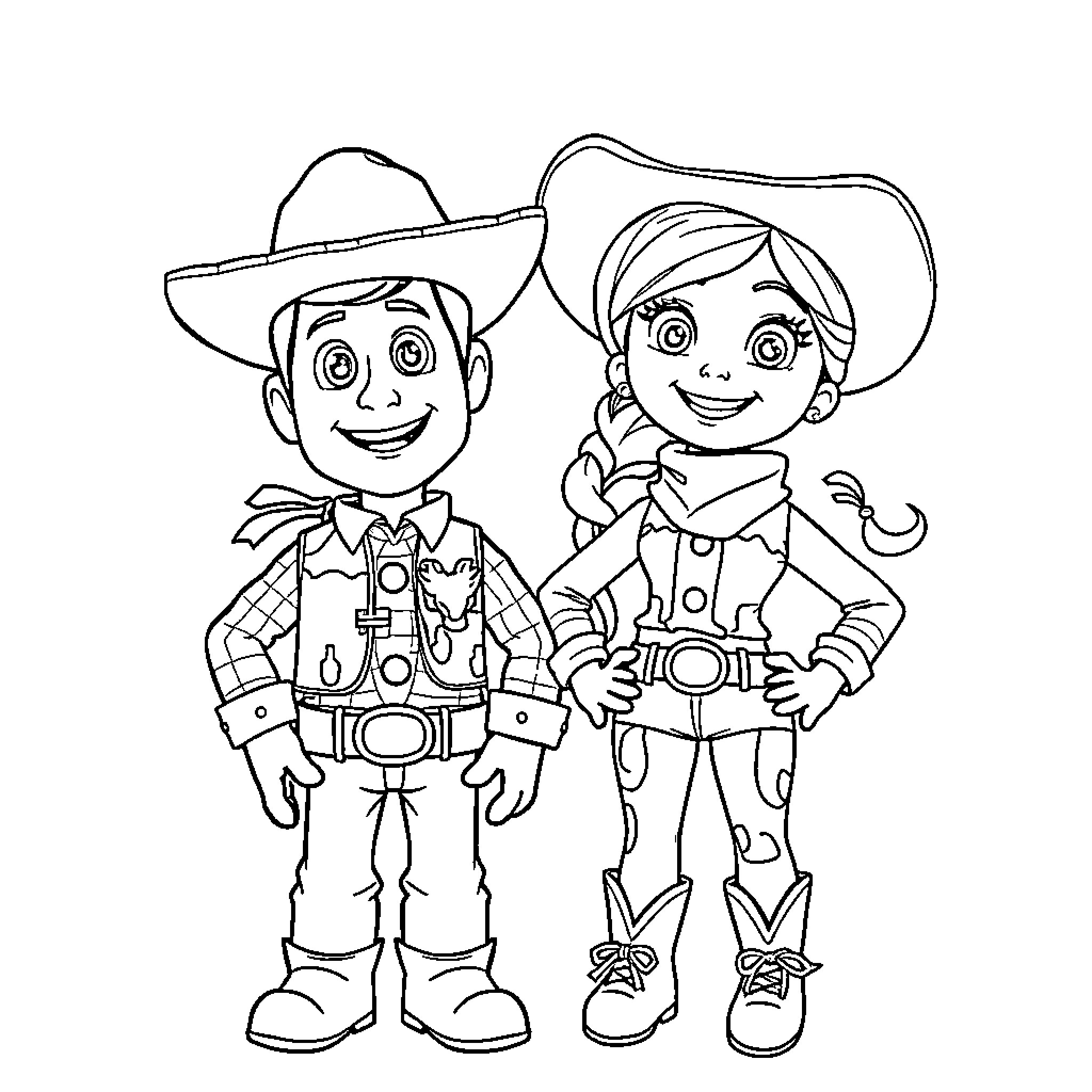 Woody and Jessie in Cowboy Outfits Coloring Page (free black-and-white line drawing printable PDF for all, from beginners to advanced learners, including children, teens, adults, and seniors)