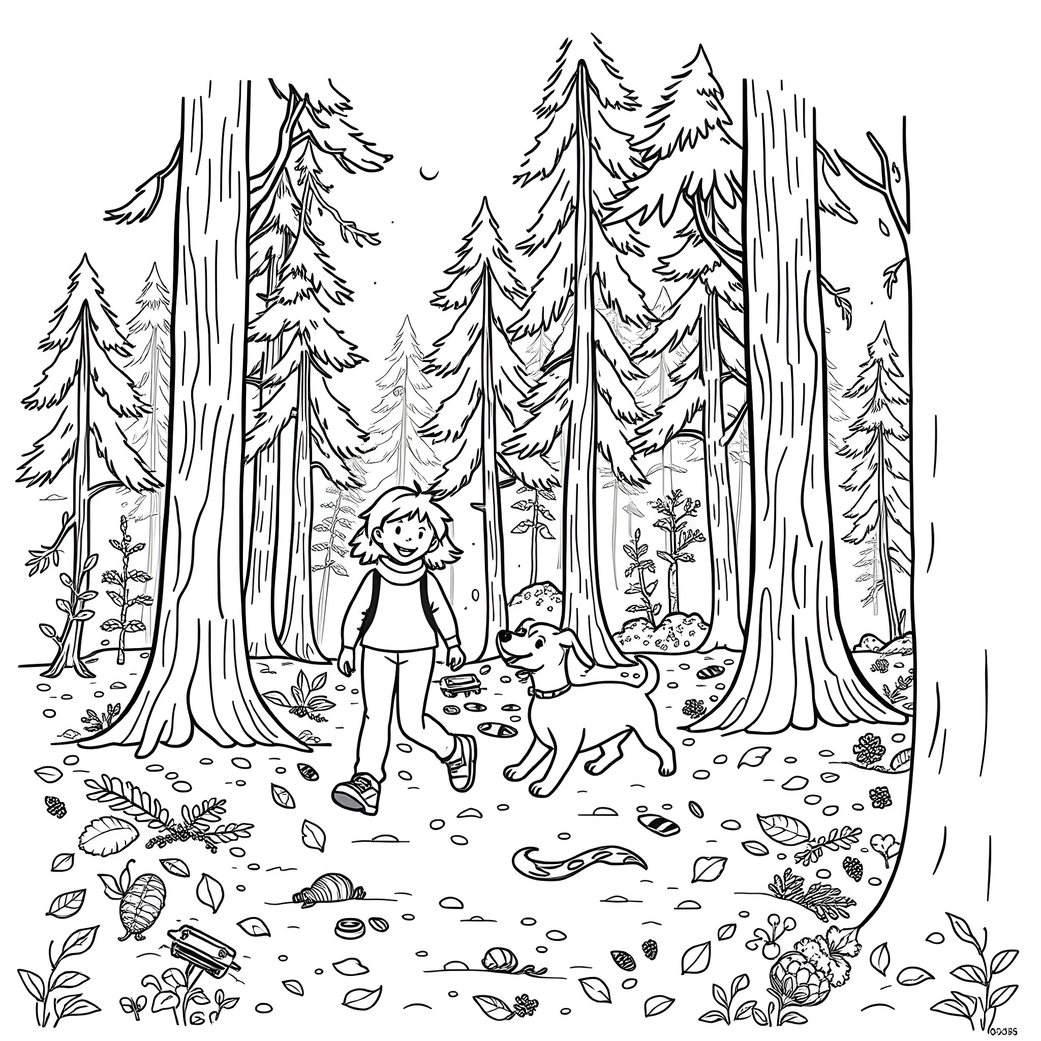 Person walking with dog in forest Coloring Page (free black-and-white line drawing printable PDF for all, from beginners to advanced learners, including children, teens, adults, and seniors)