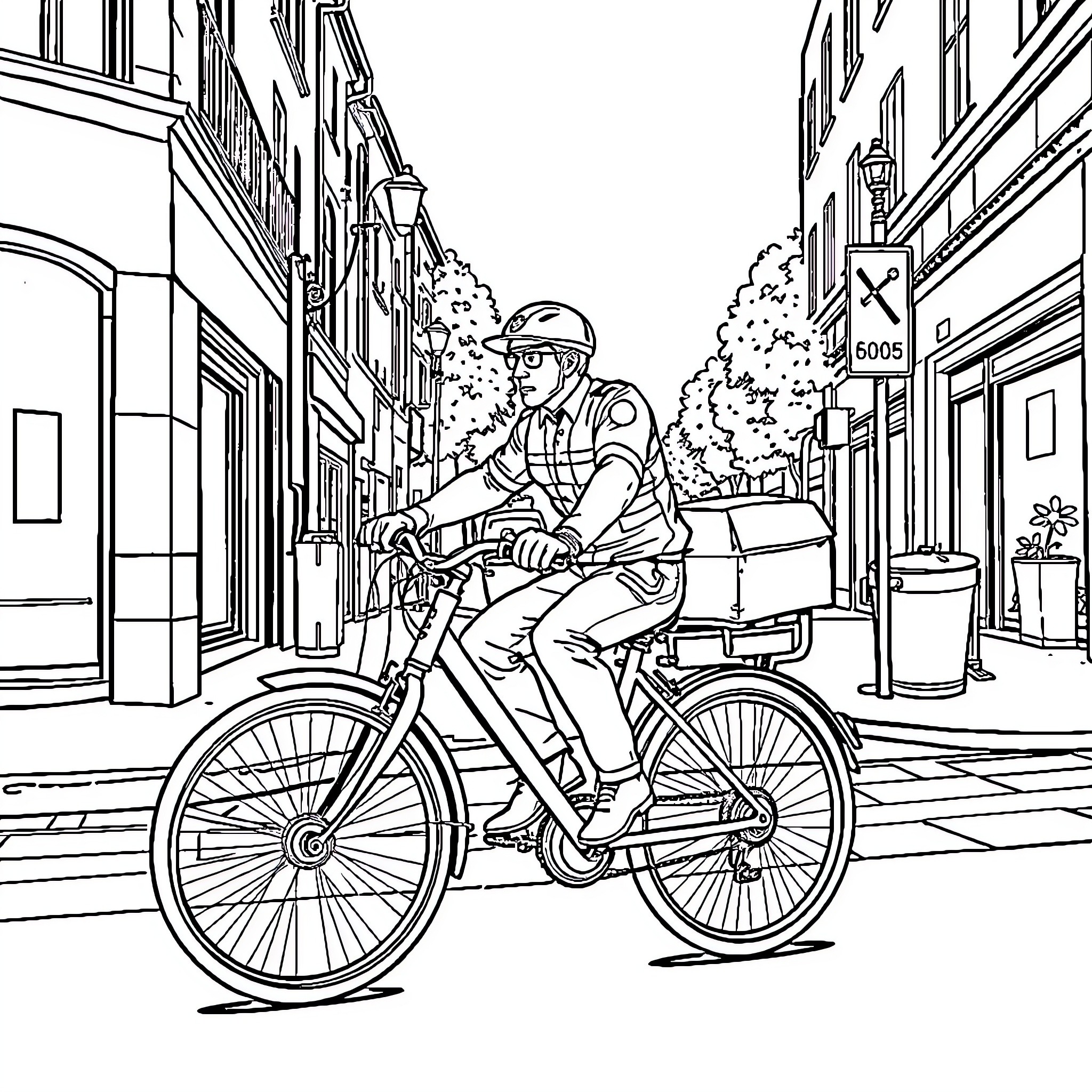 Barman riding bicycle through city street Coloring Page (free black-and-white line drawing printable PDF for all, from beginners to advanced learners, including children, teens, adults, and seniors)