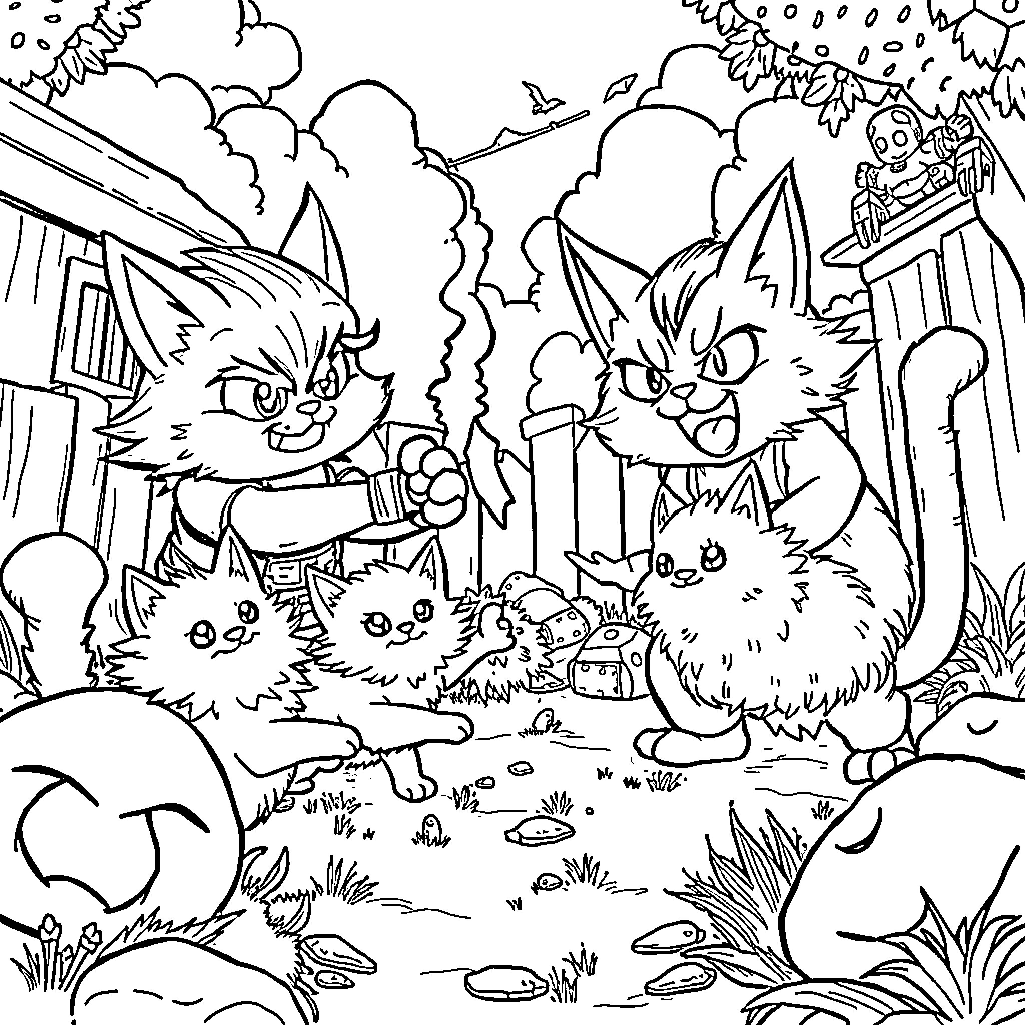 Hero Cats Defending Their Furry Family in the Wild Coloring Page (free black-and-white line drawing printable PDF for all, from beginners to advanced learners, including children, teens, adults, and seniors)