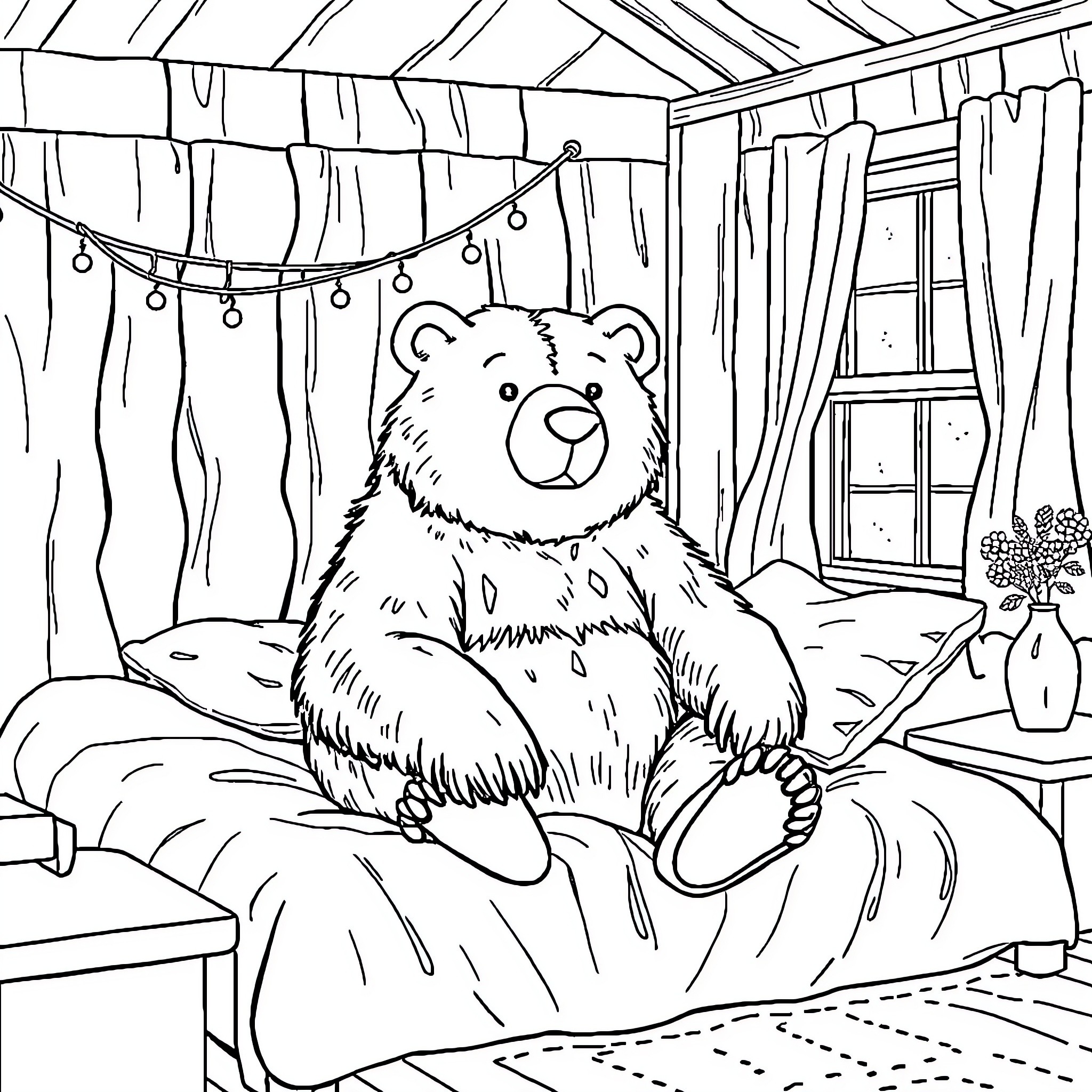 Bear relaxing in cozy cabin interior Coloring Page (free black-and-white line drawing printable PDF for all, from beginners to advanced learners, including children, teens, adults, and seniors)