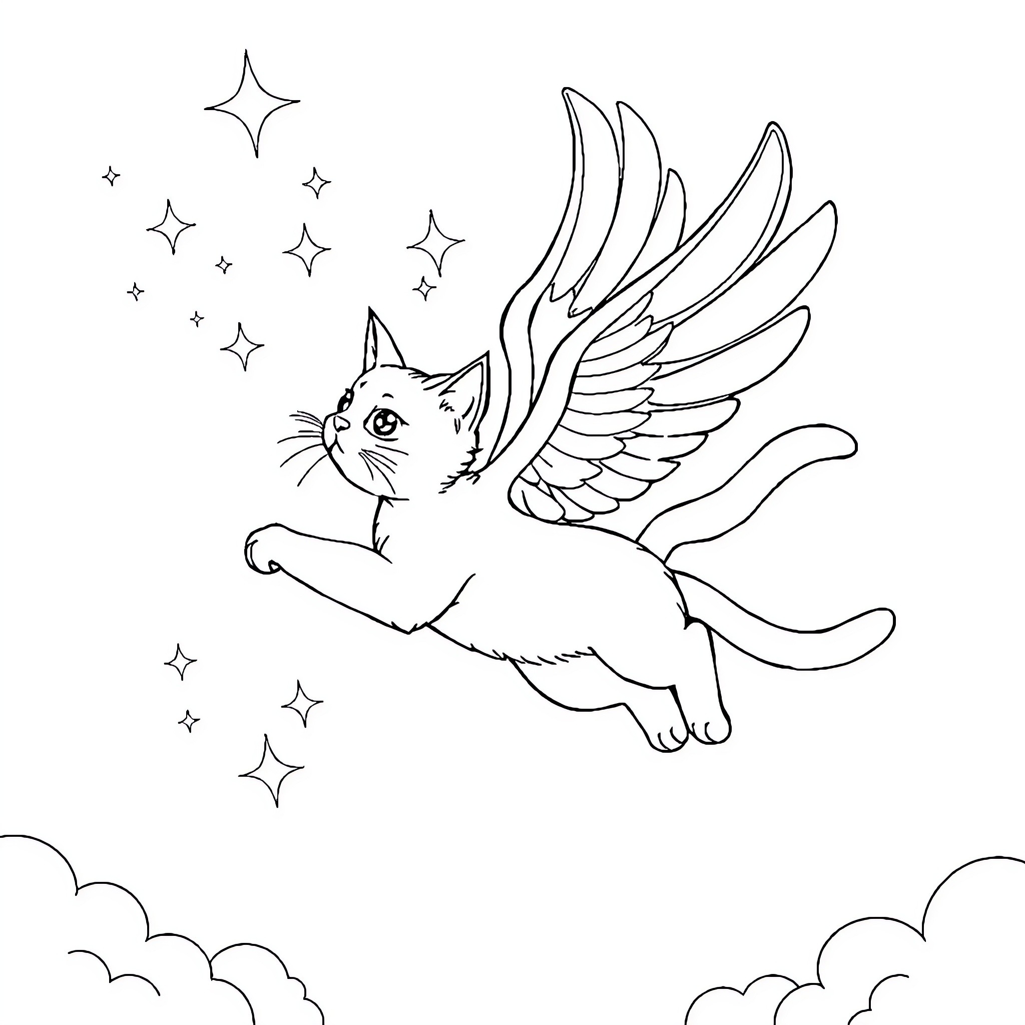 Flying Cat with Magical Wings and Sparkling Stars Coloring Page (free black-and-white line drawing printable PDF for all, from beginners to advanced learners, including children, teens, adults, and seniors)