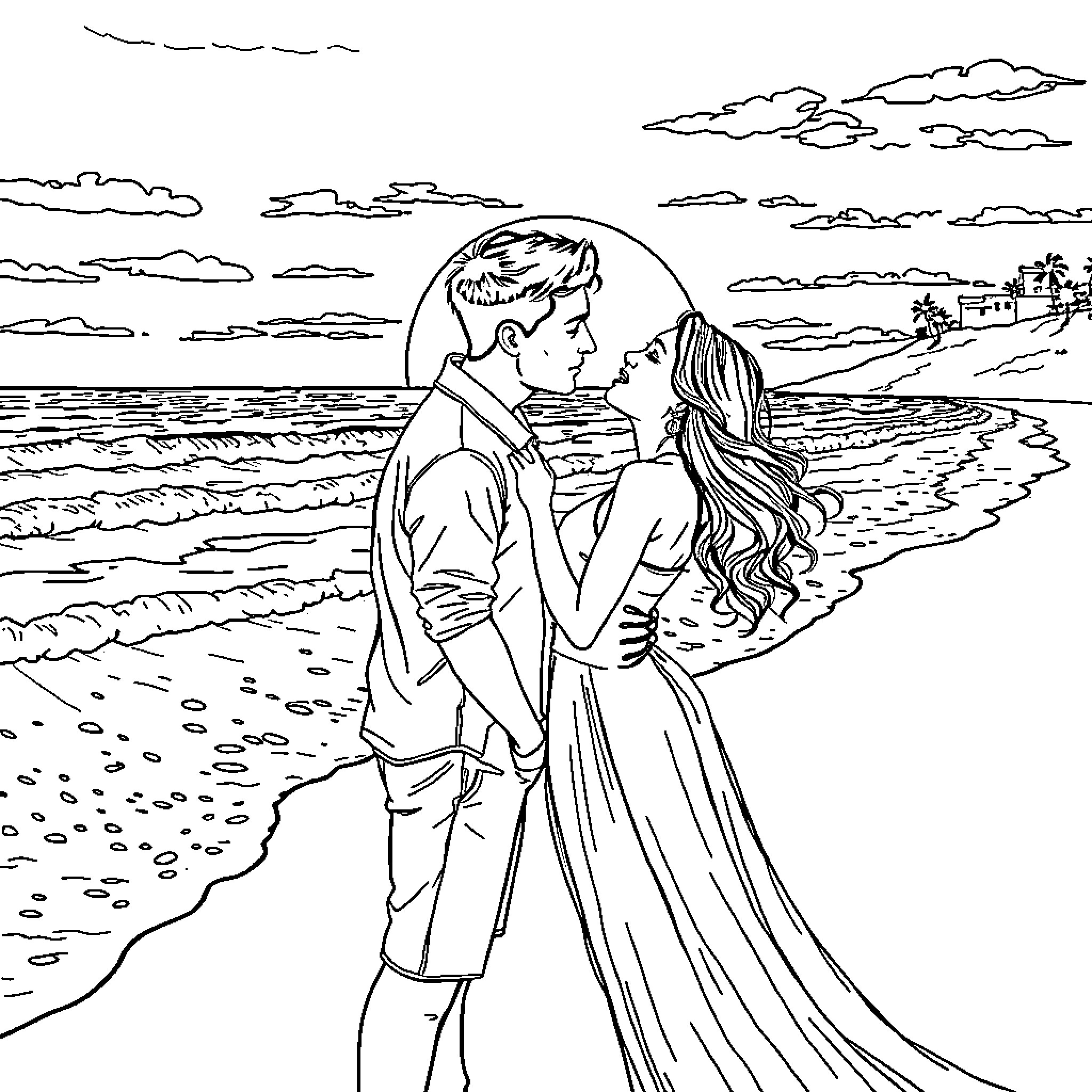 Couple enjoying romantic sunset on the beach Coloring Page (free black-and-white line drawing printable PDF for all, from beginners to advanced learners, including children, teens, adults, and seniors)