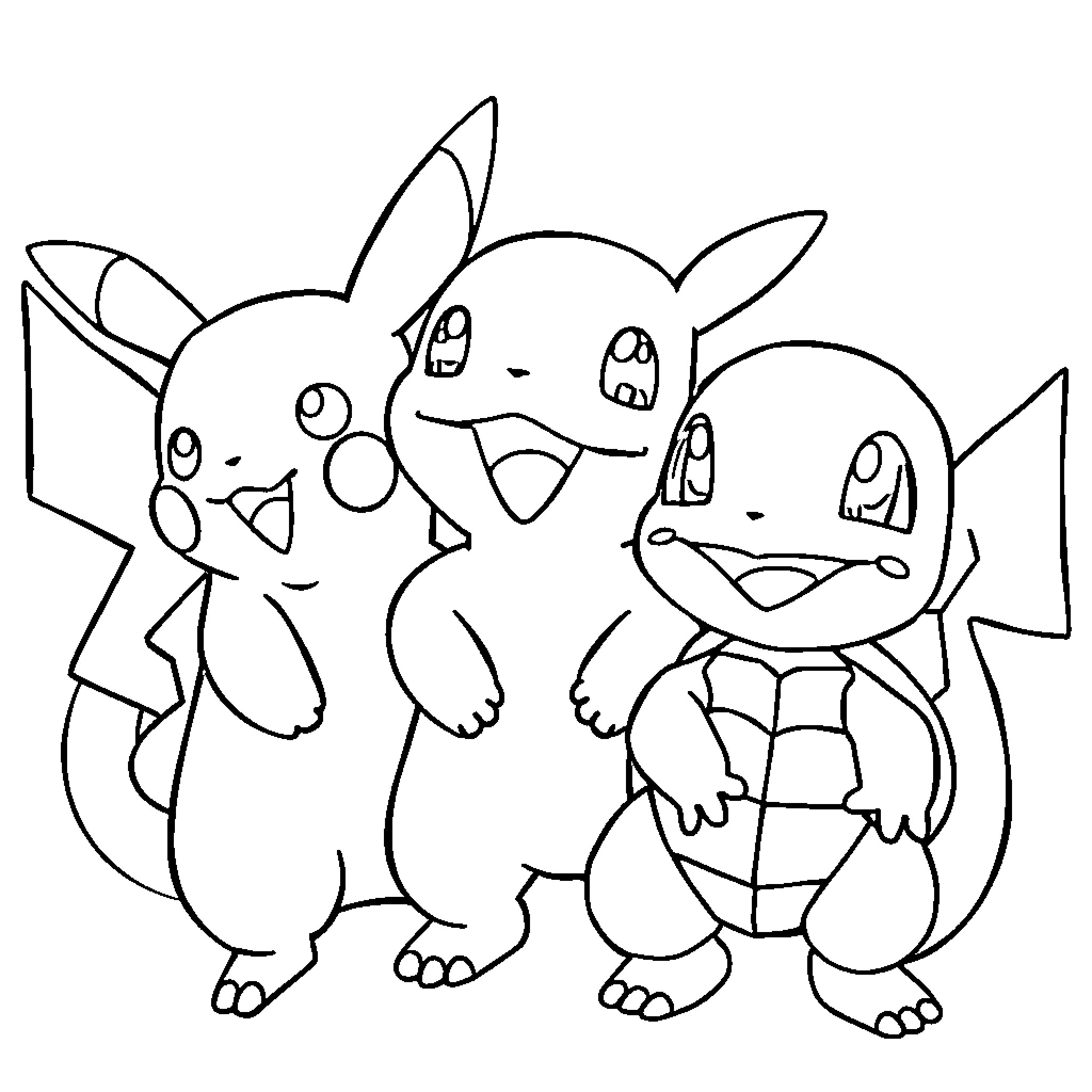 Pokémon Trio Gathered Together Coloring Page (free black-and-white line drawing printable PDF for all, from beginners to advanced learners, including children, teens, adults, and seniors)