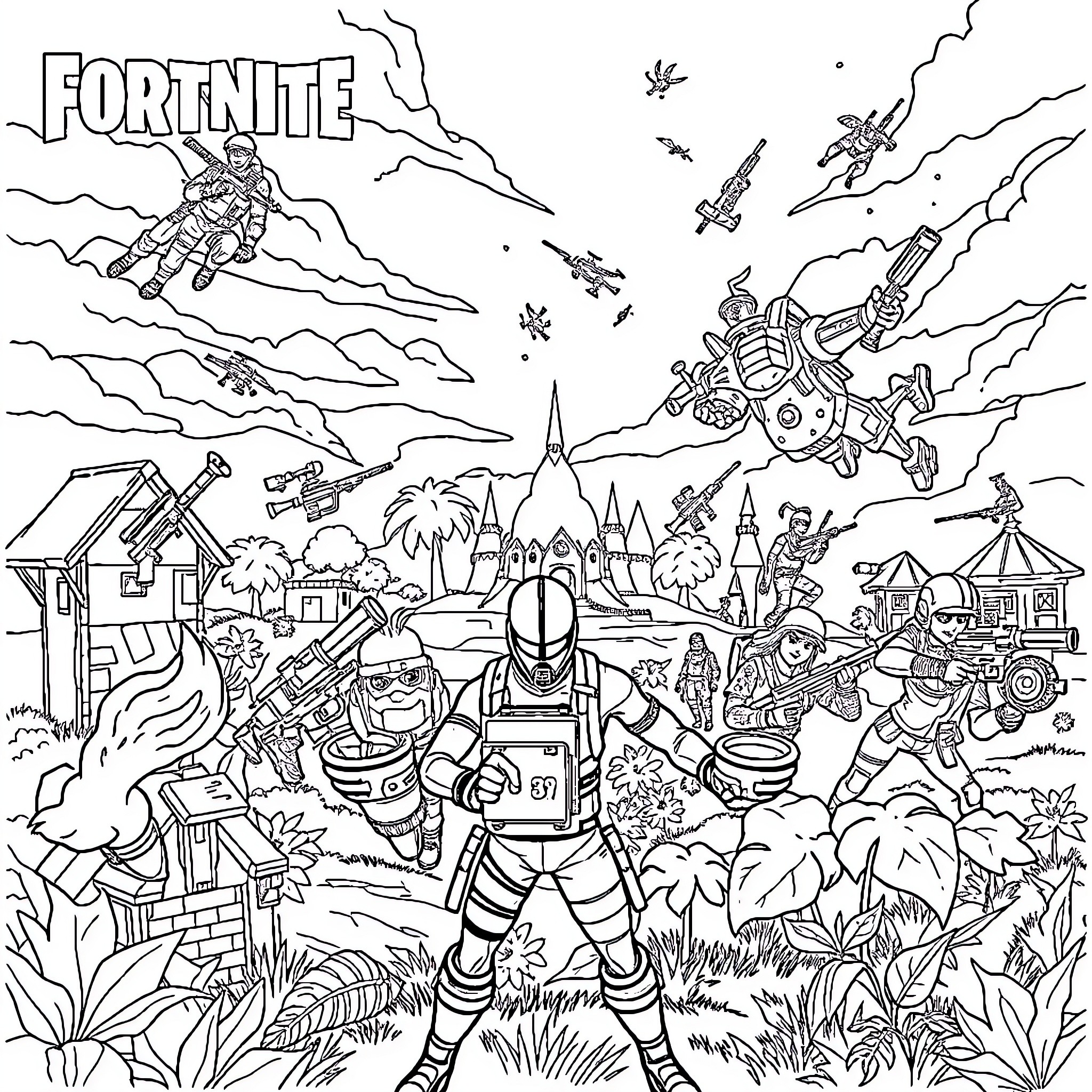 Fortnite characters in action-packed battle scene Coloring Page (free black-and-white line drawing printable PDF for all, from beginners to advanced learners, including children, teens, adults, and seniors)