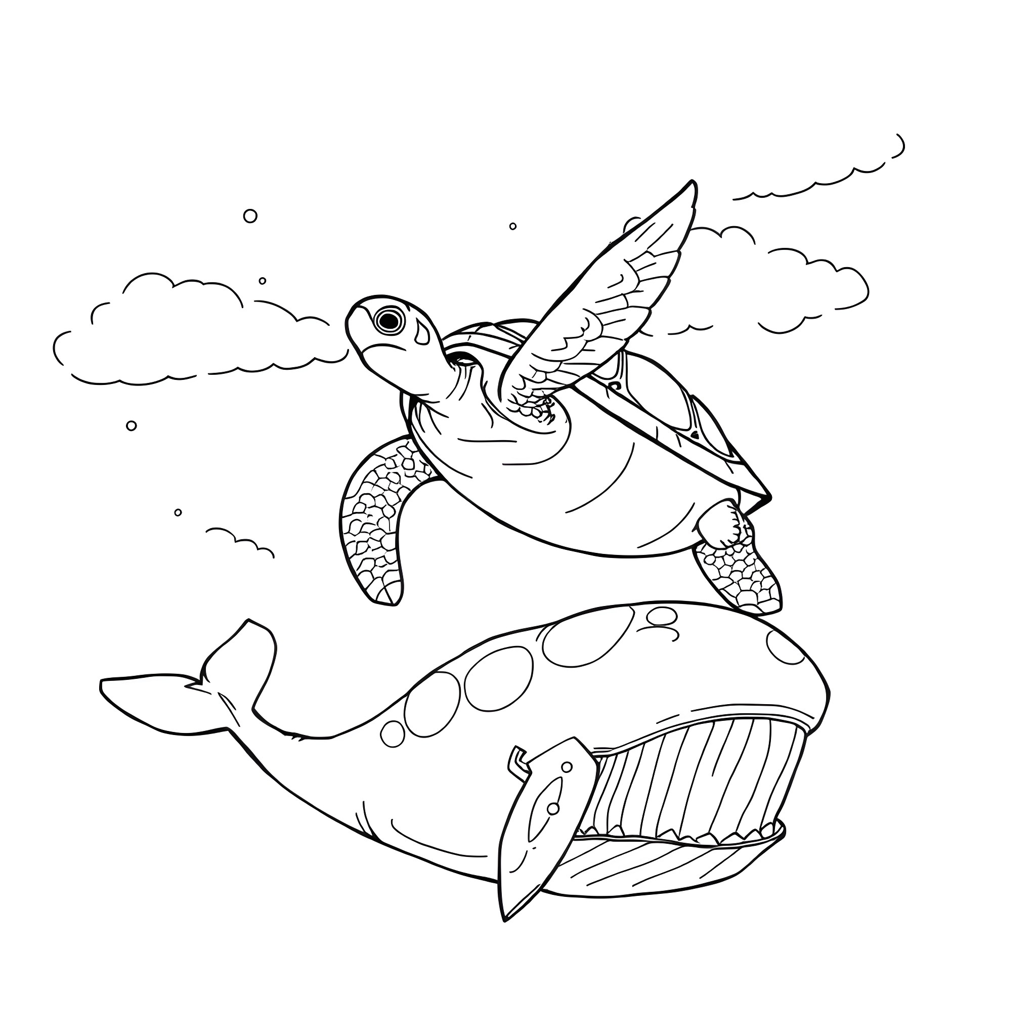 Tortoise swimming gracefully through the clouds Coloring Page (free black-and-white line drawing printable PDF for all, from beginners to advanced learners, including children, teens, adults, and seniors)