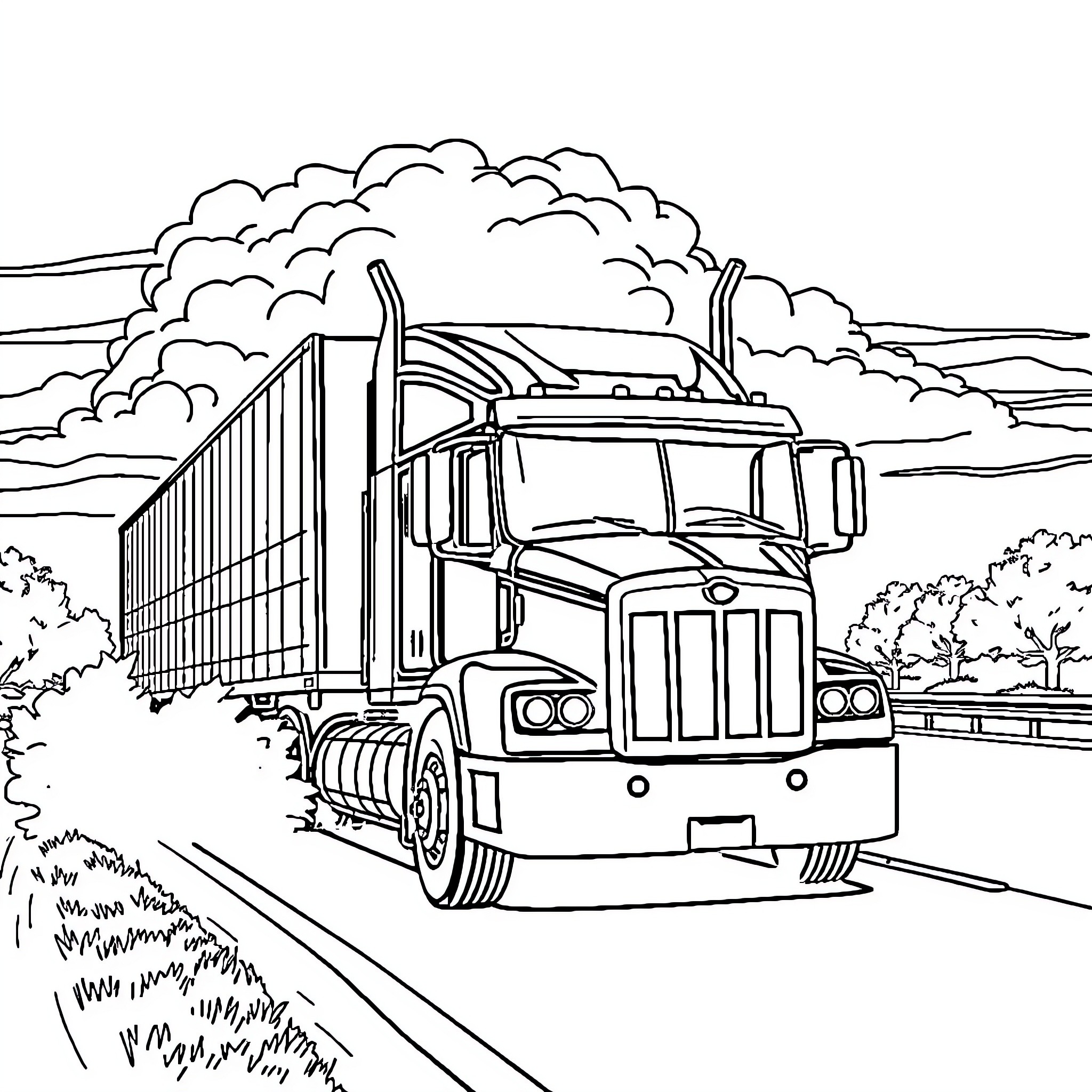 Truck transporting cargo on the highway Coloring Page (free black-and-white line drawing printable PDF for all, from beginners to advanced learners, including children, teens, adults, and seniors)