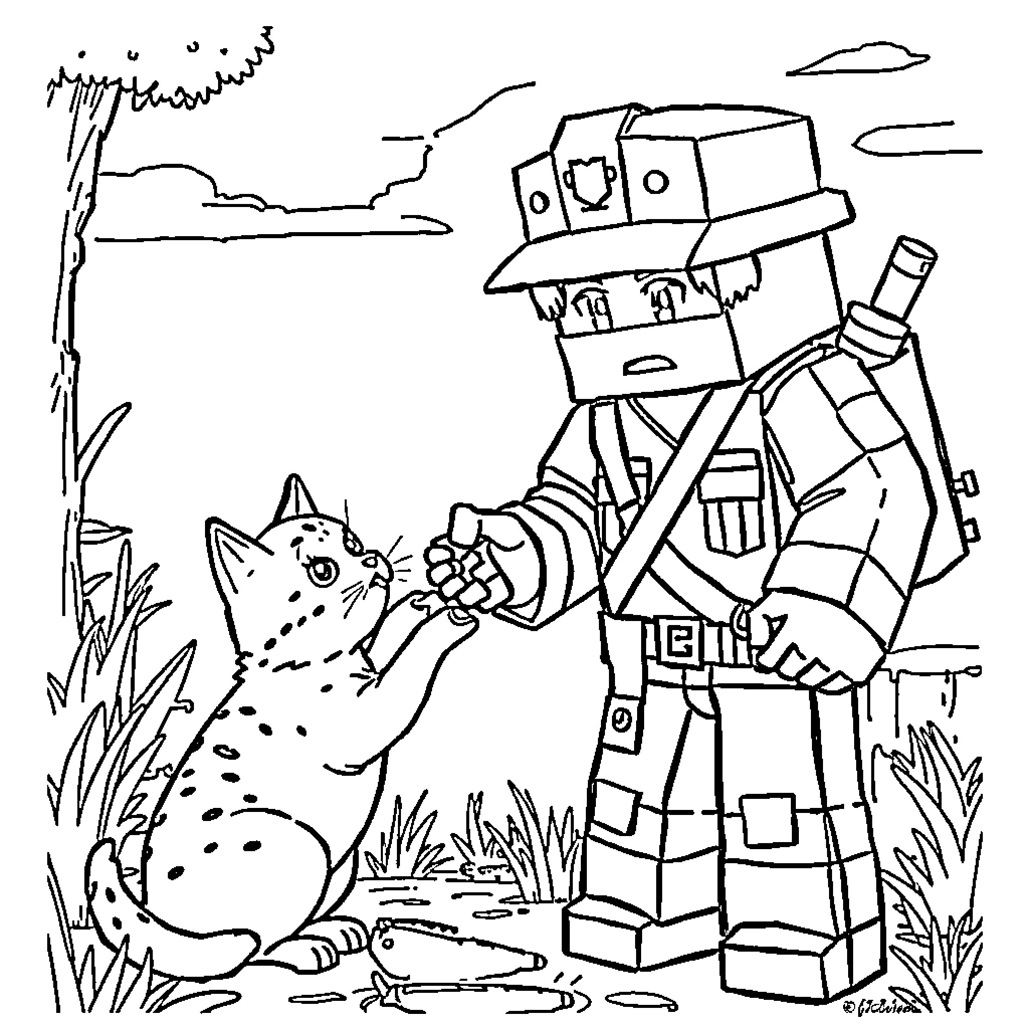 Warden Interacts with Curious Animal in the Wild Coloring Page (free black-and-white line drawing printable PDF for all, from beginners to advanced learners, including children, teens, adults, and seniors)