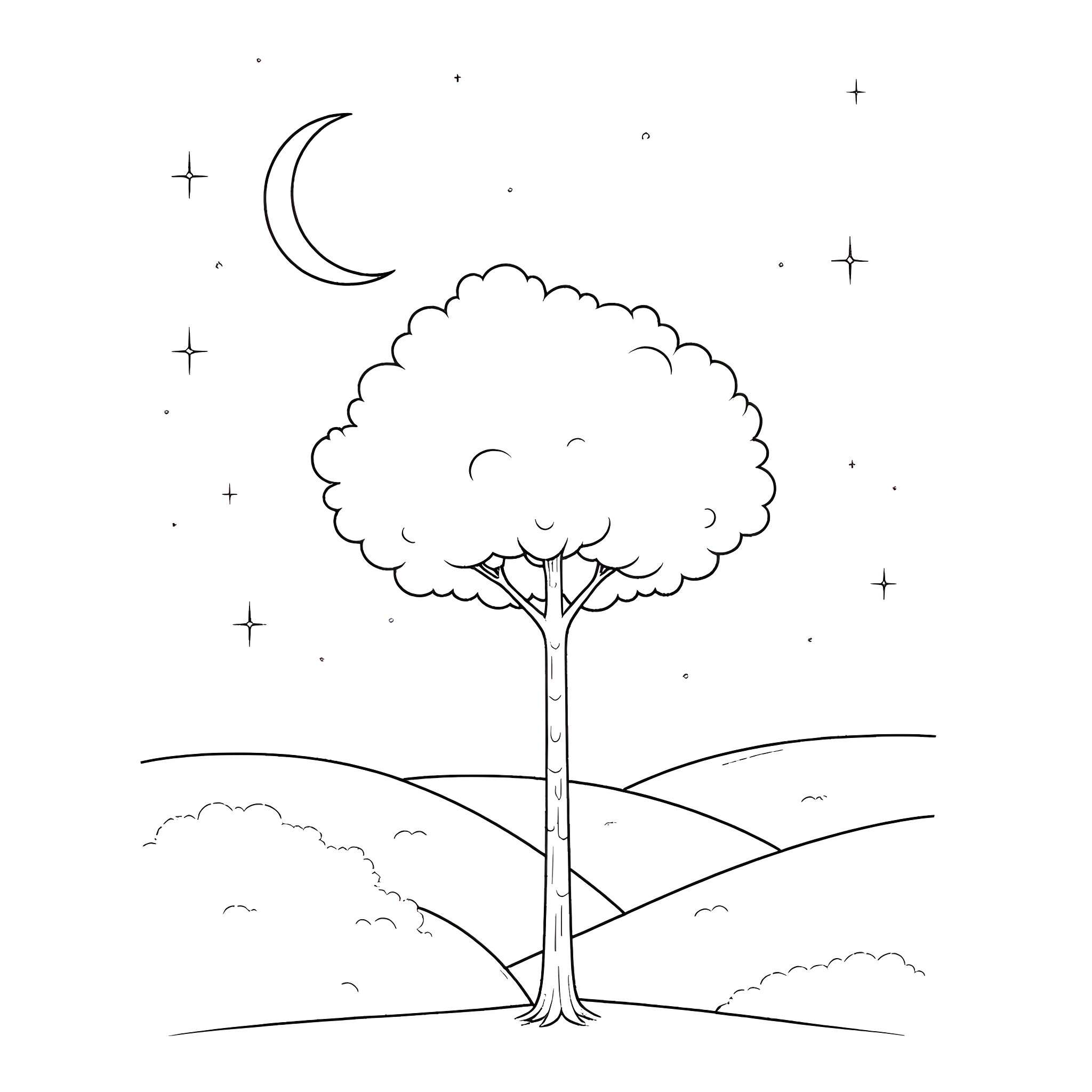 Tree under the night sky Coloring Page (free black-and-white line drawing printable PDF for all, from beginners to advanced learners, including children, teens, adults, and seniors)