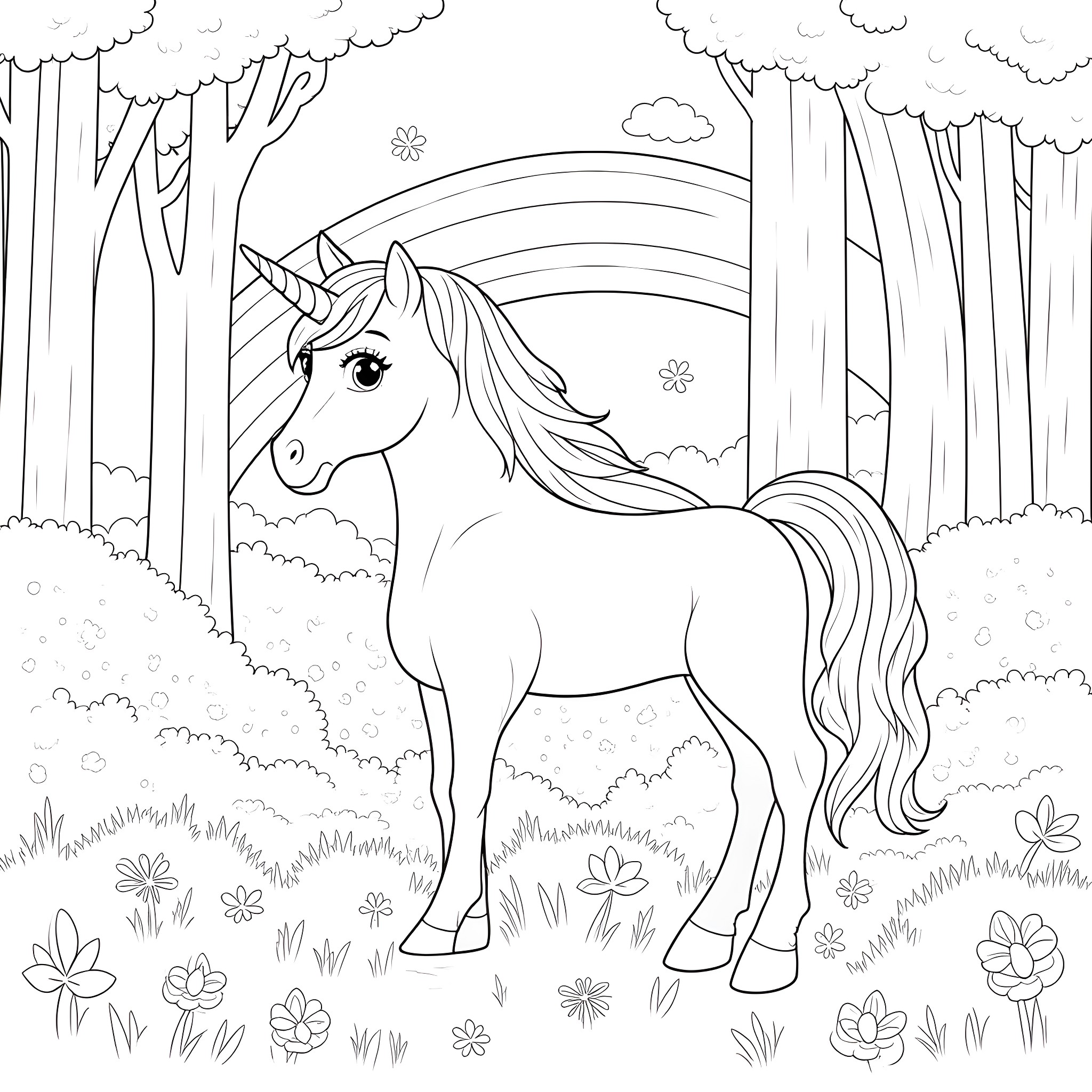 Unicorn standing in a magical forest Coloring Page (free black-and-white line drawing printable PDF for all, from beginners to advanced learners, including children, teens, adults, and seniors)