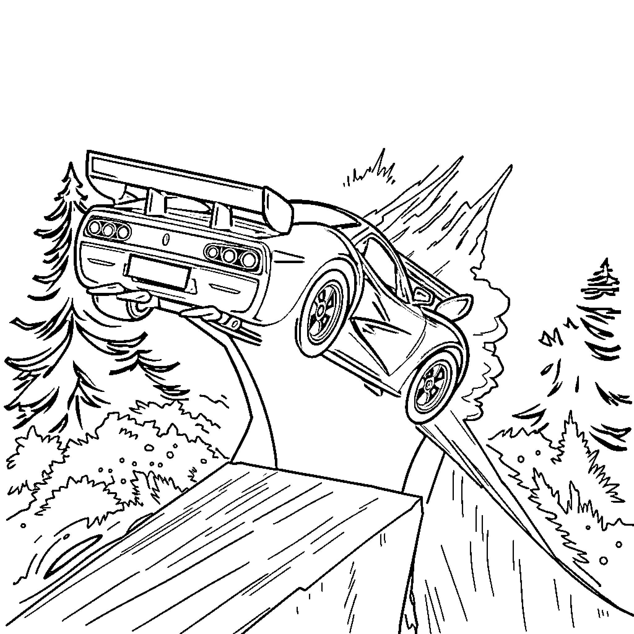 Race Car Speeding through Forest Landscape Coloring Page (free black-and-white line drawing printable PDF for all, from beginners to advanced learners, including children, teens, adults, and seniors)