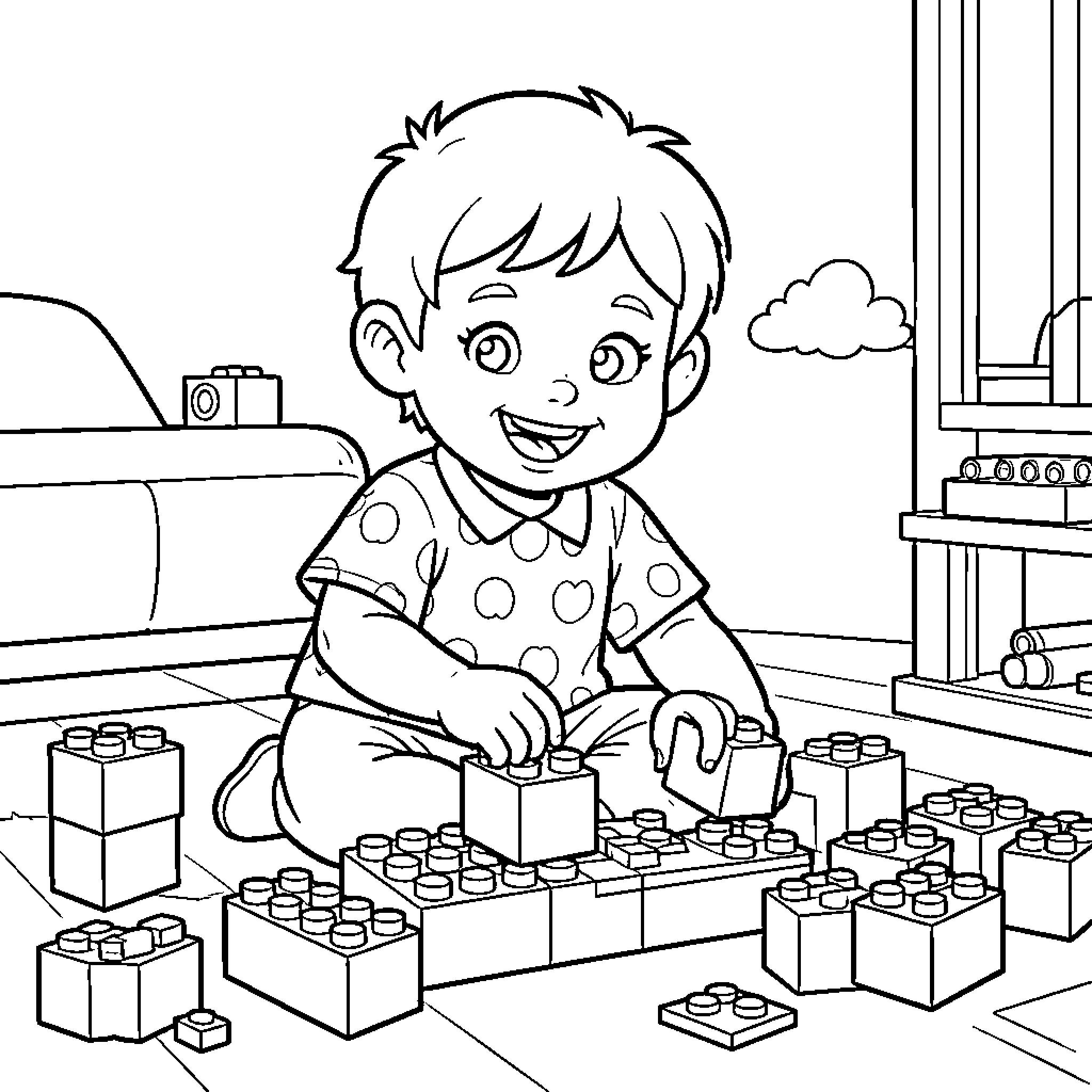 Child smiling while playing with building blocks on the floor Coloring Page (free black-and-white line drawing printable PDF for all, from beginners to advanced learners, including children, teens, adults, and seniors)