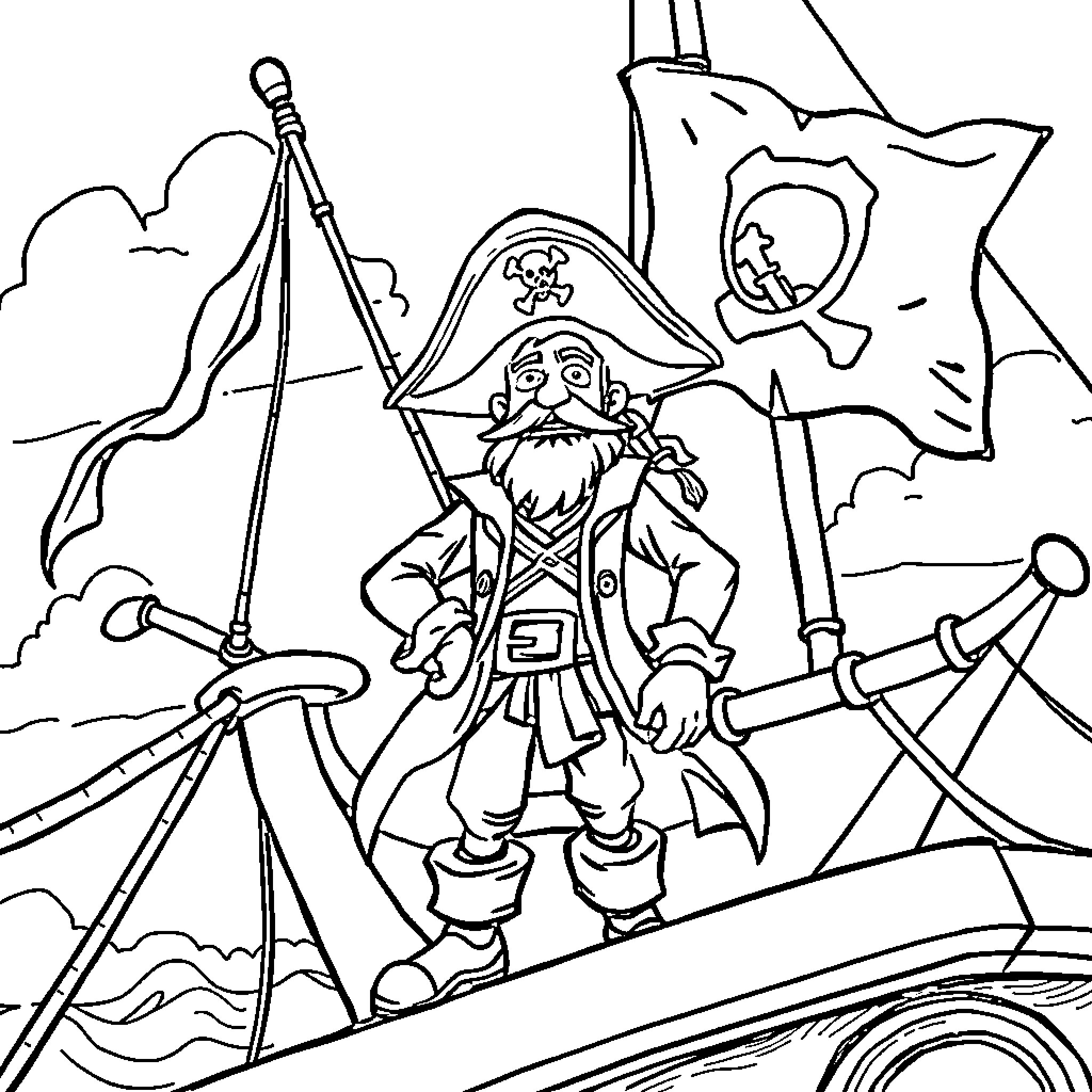Black Bart the Pirate Captain on the High Seas Coloring Page (free black-and-white line drawing printable PDF for all, from beginners to advanced learners, including children, teens, adults, and seniors)