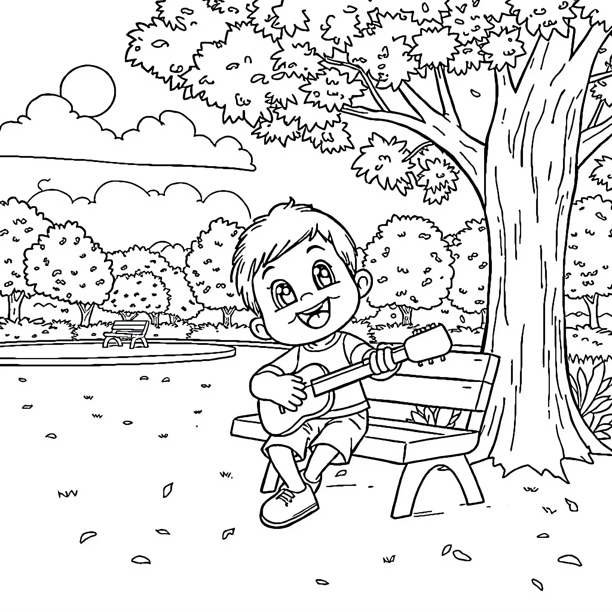 Labubu Playing Music in the Park Coloring Page (free black-and-white line drawing printable PDF for all, from beginners to advanced learners, including children, teens, adults, and seniors)